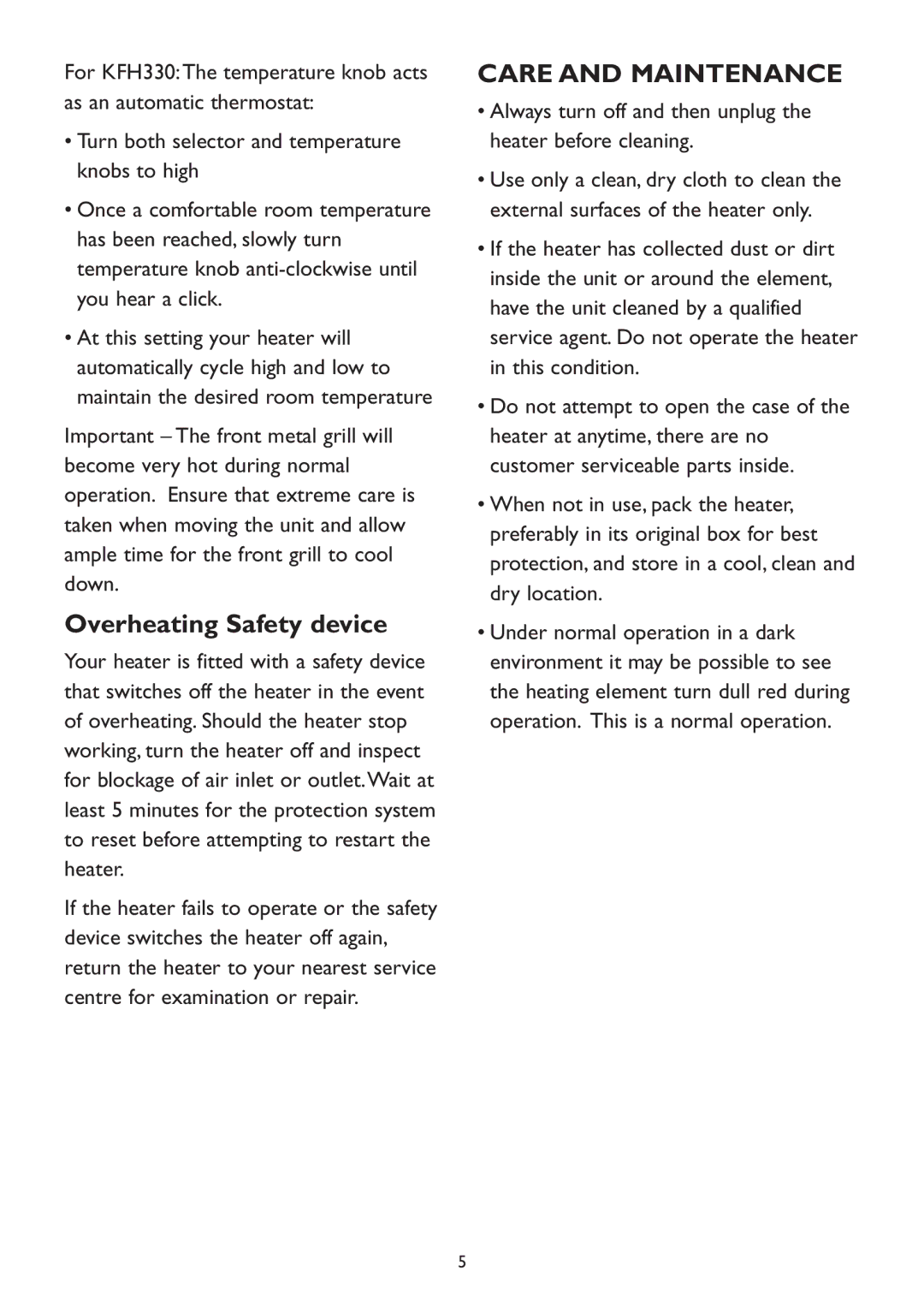 Kambrook KFH320, KFH330 manual Overheating Safety device, Care and Maintenance 