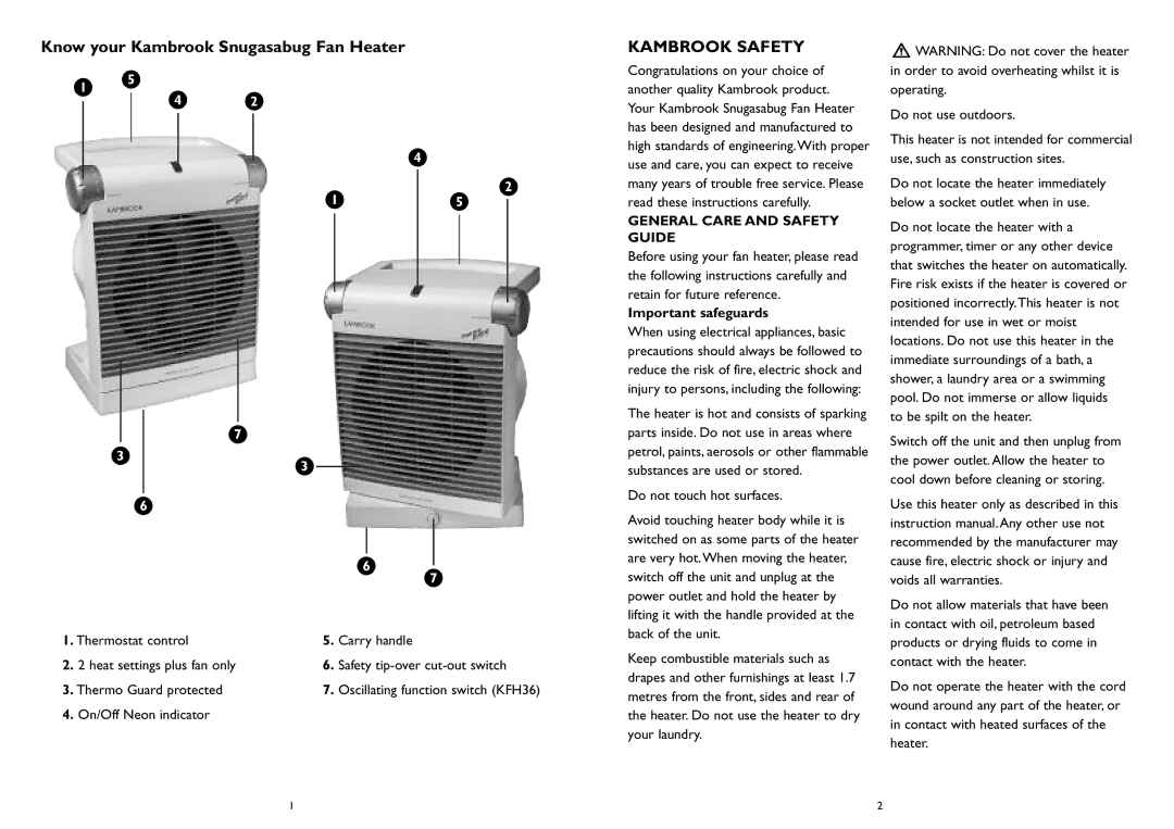 Kambrook KFH35/36 manual Kambrook Safety, Important safeguards 