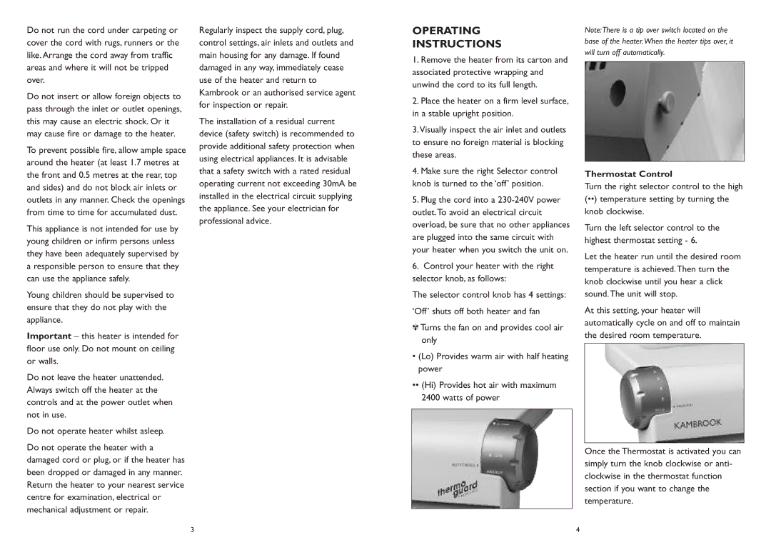 Kambrook KFH35/36 manual Operating Instructions, Thermostat Control 