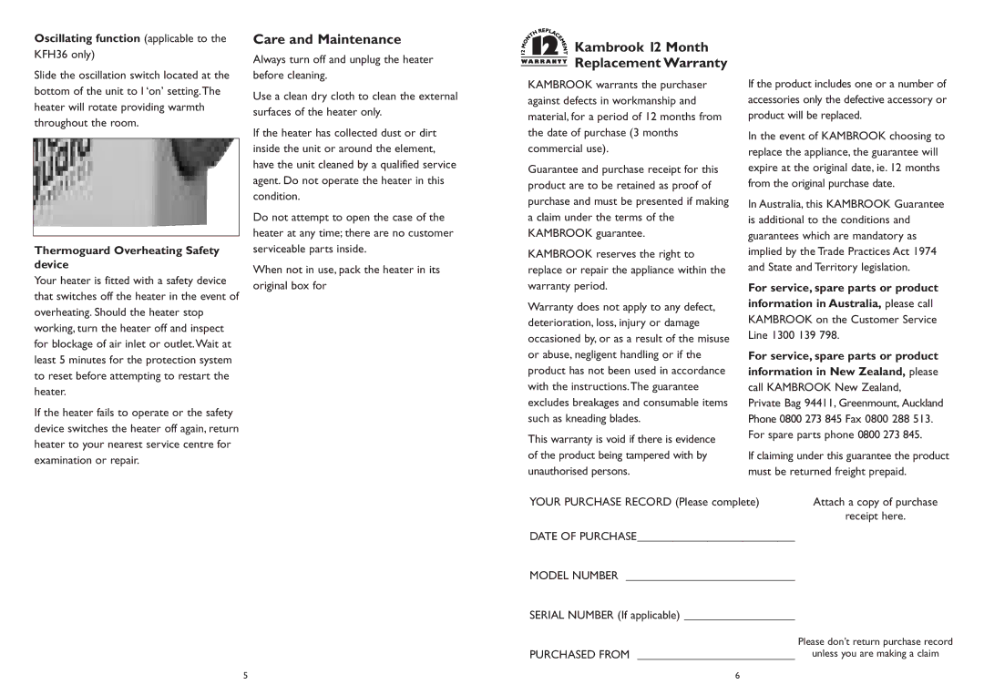 Kambrook KFH35/36 manual Oscillating function applicable to, Thermoguard Overheating Safety device 