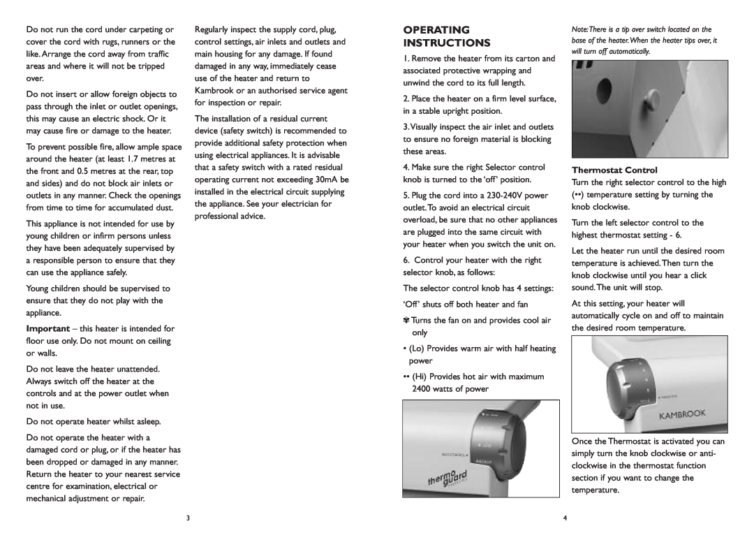 Kambrook KFH35/36 manual Operating Instructions, Thermostat Control 