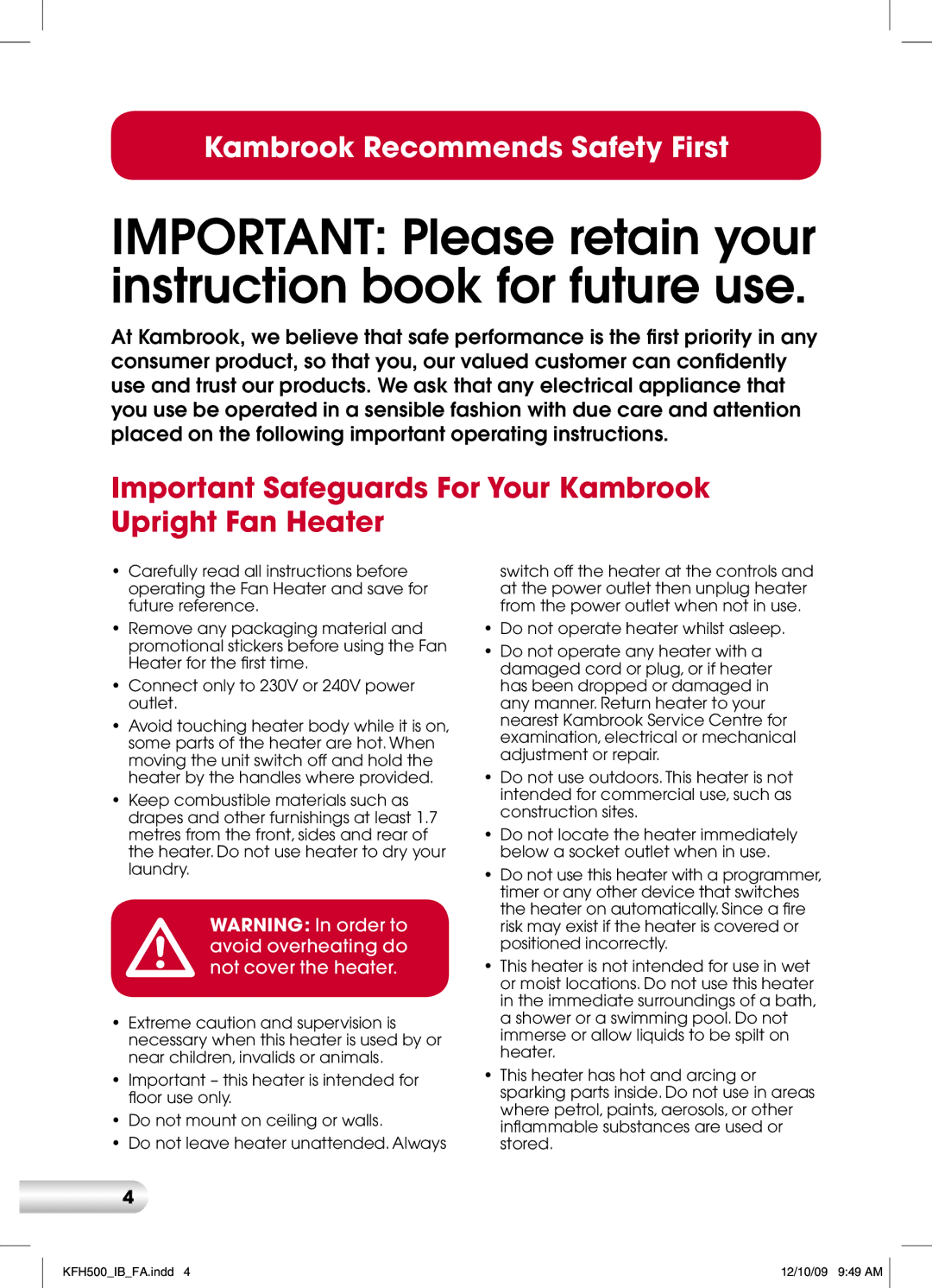 Kambrook KFH500 manual Important Safeguards For Your Kambrook Upright Fan Heater 