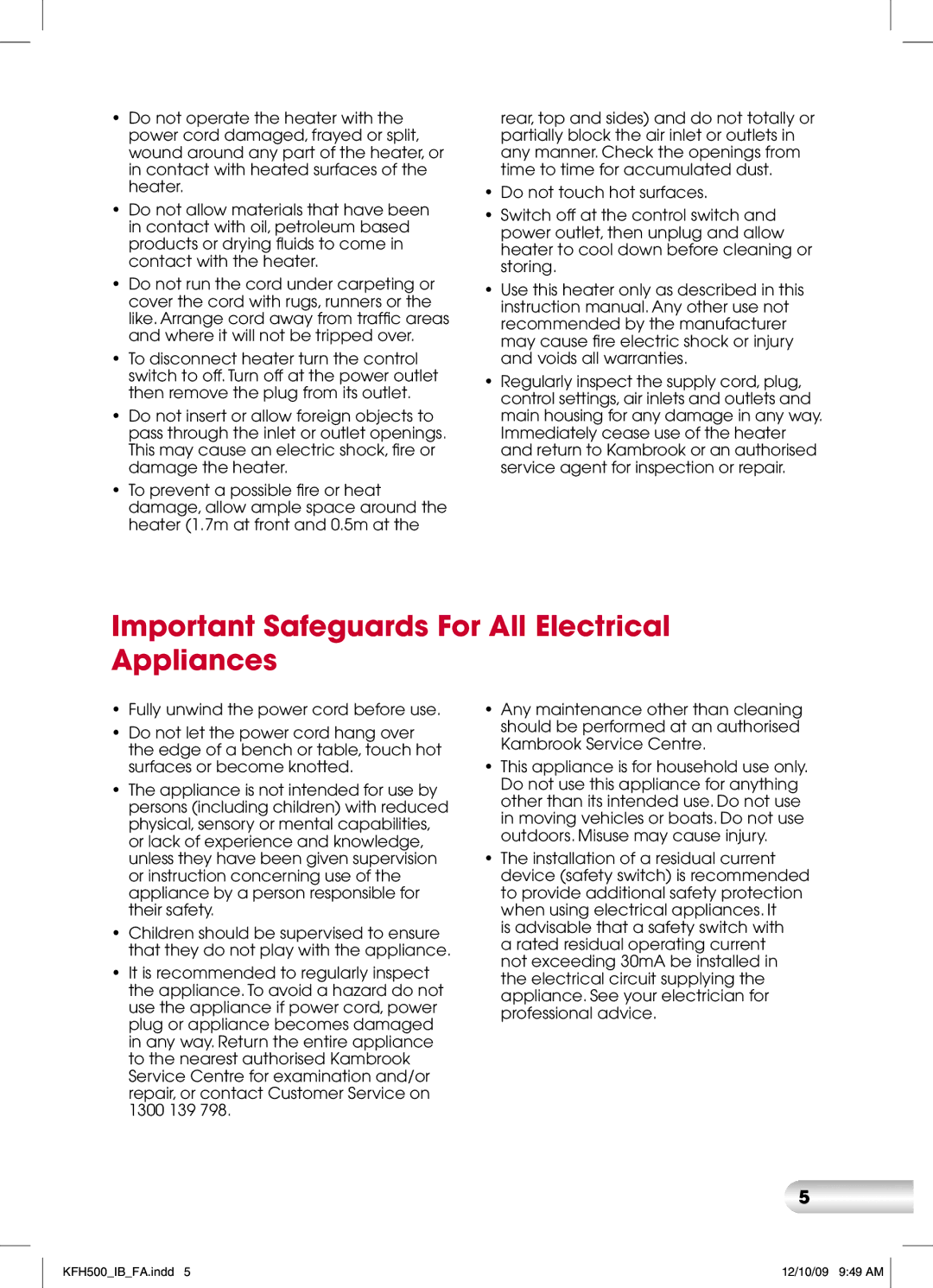 Kambrook KFH500 manual Important Safeguards For All Electrical Appliances 