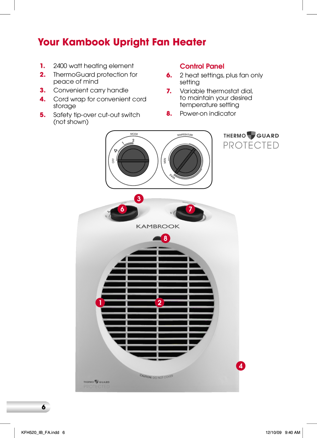 Kambrook KFH520 manual Your Kambook Upright Fan Heater, Control Panel 