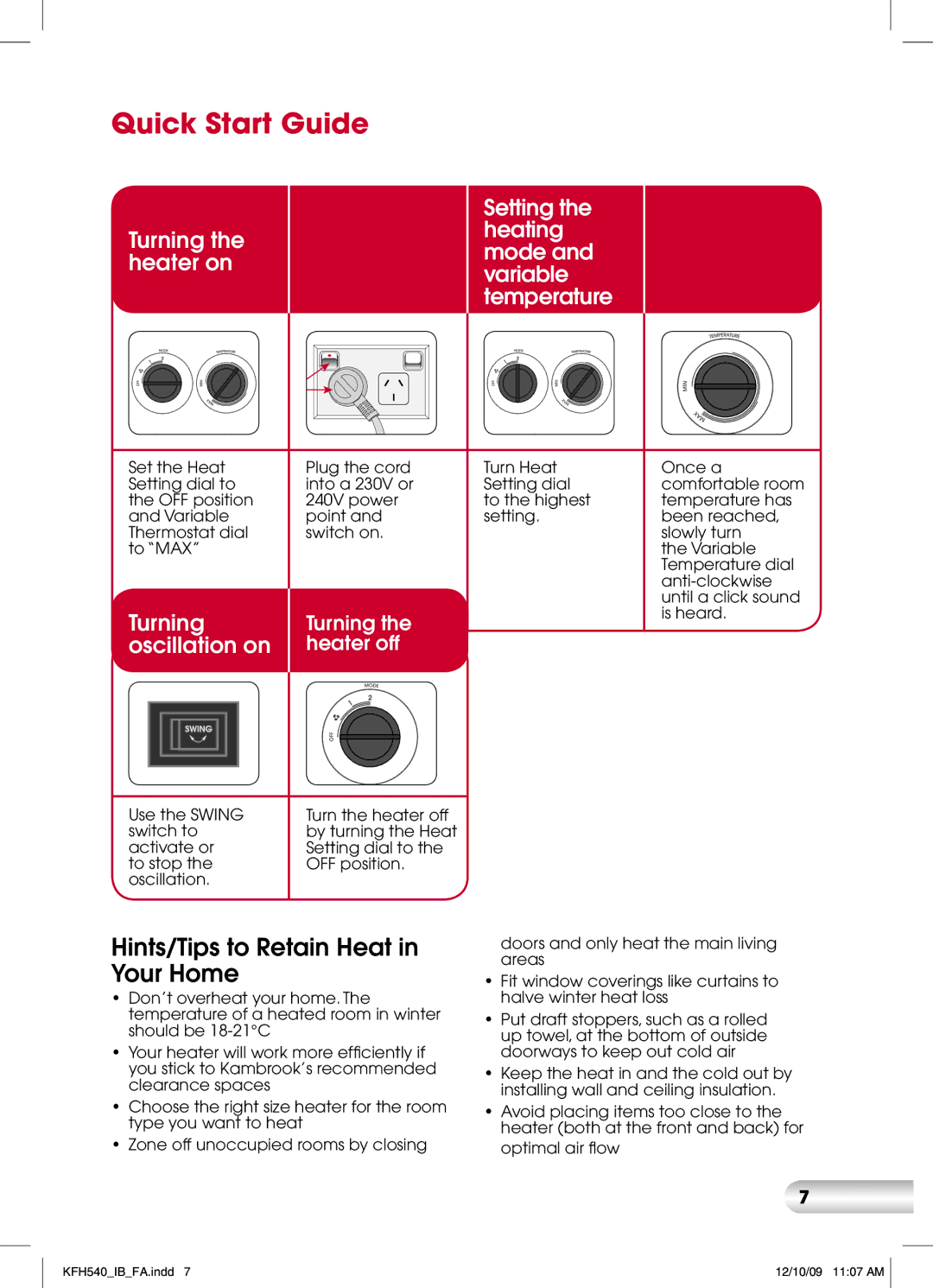 Kambrook KFH540 manual Quick Start Guide, Hints/Tips to Retain Heat in Your Home 