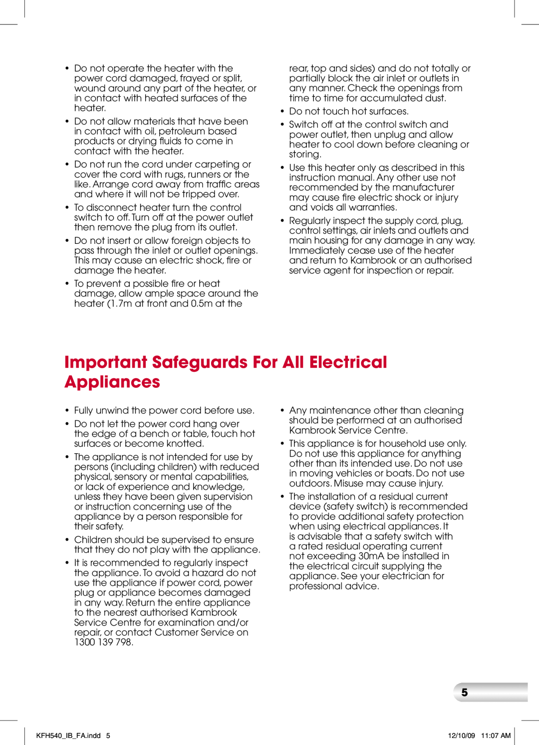 Kambrook KFH540 manual Important Safeguards For All Electrical Appliances 
