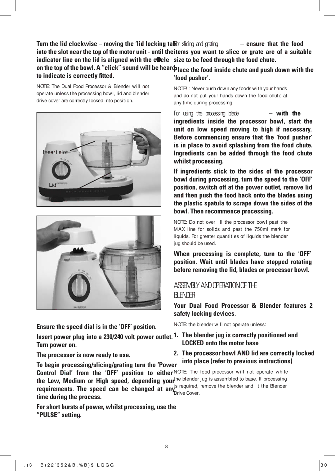 Kambrook KFP100 manual Assembly and Operation of the Blender 