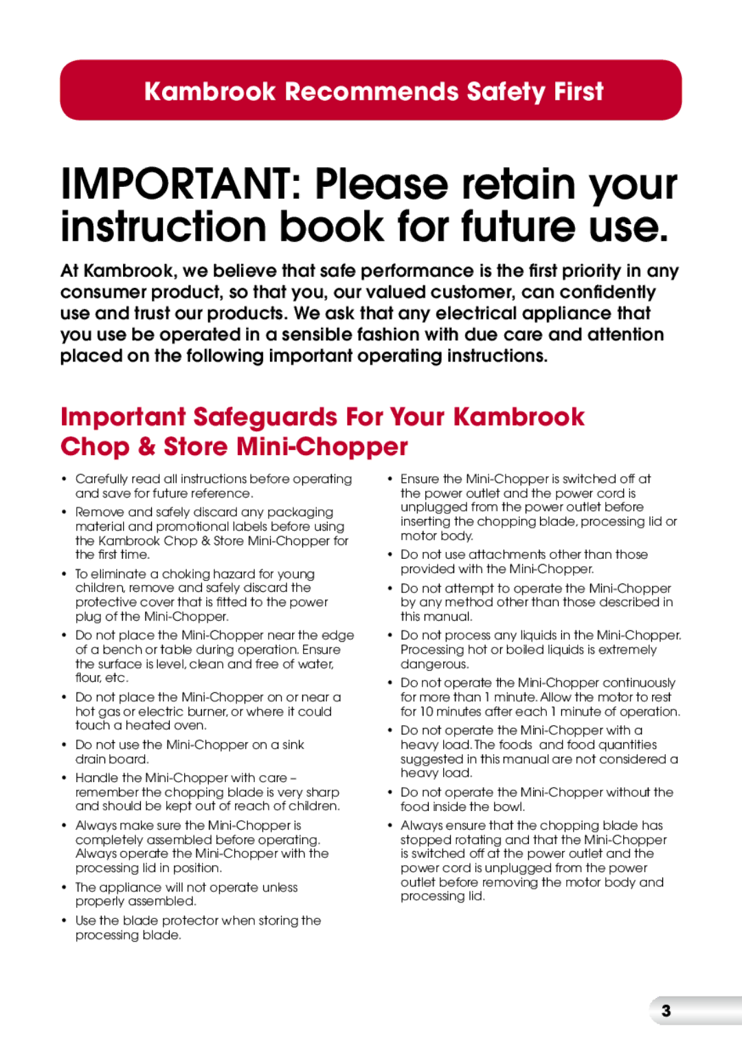 Kambrook KFP40 manual Important Please retain your instruction book for future use 