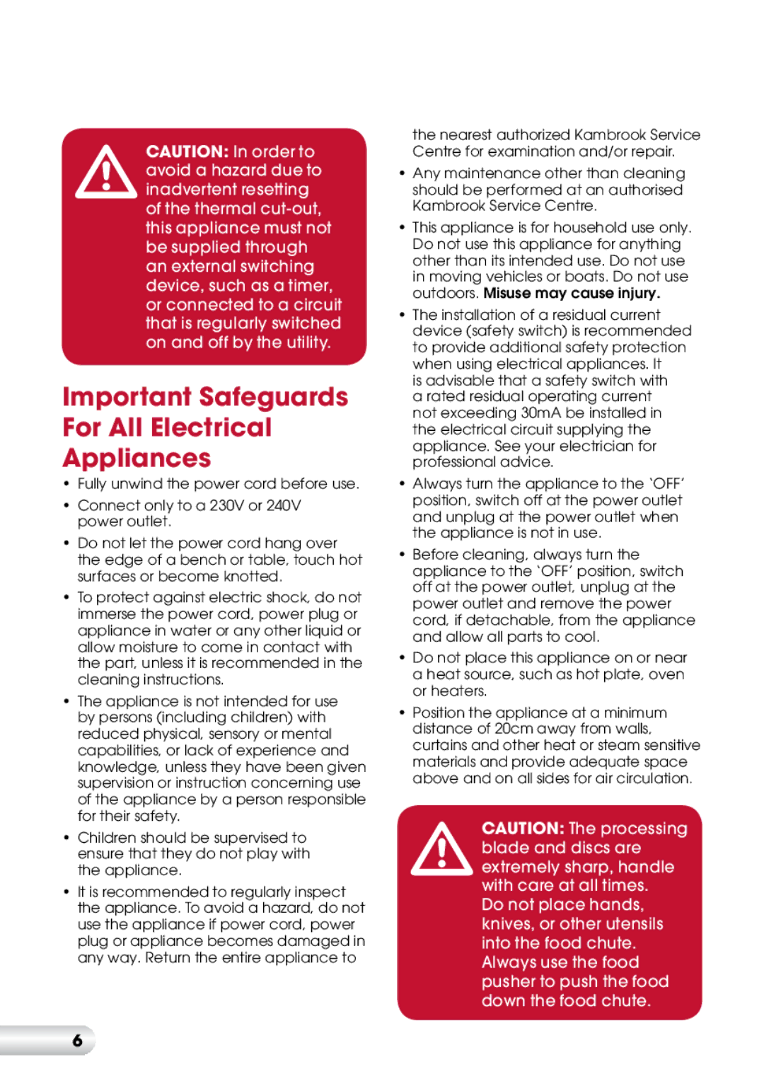 Kambrook KFP600 manual Important Safeguards For All Electrical Appliances 