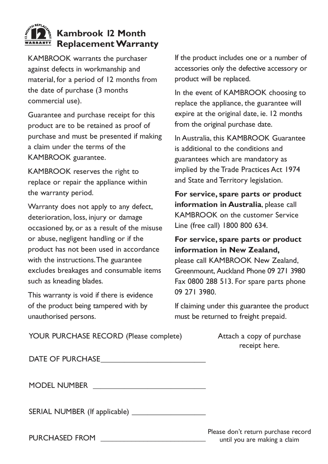 Kambrook KFP80 manual Kambrook 12 Month Replacement Warranty, Kambrook on the customer Service Line free call 1800 800 