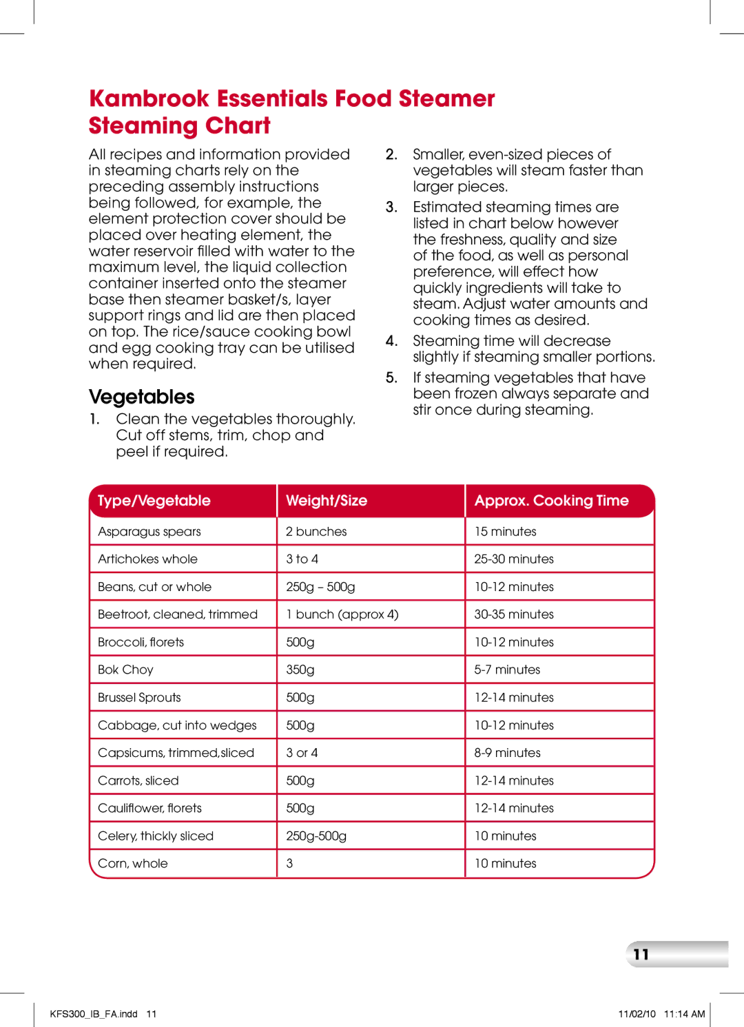 Kambrook KFS300 manual Kambrook Essentials Food Steamer Steaming Chart, Vegetables 