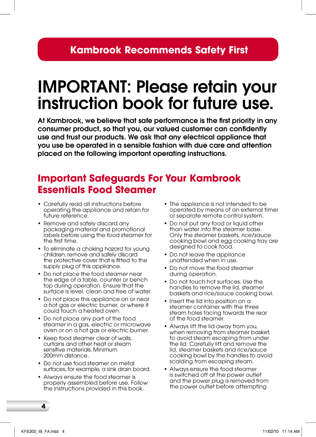 Kambrook KFS300 manual Important Please retain your instruction book for future use 