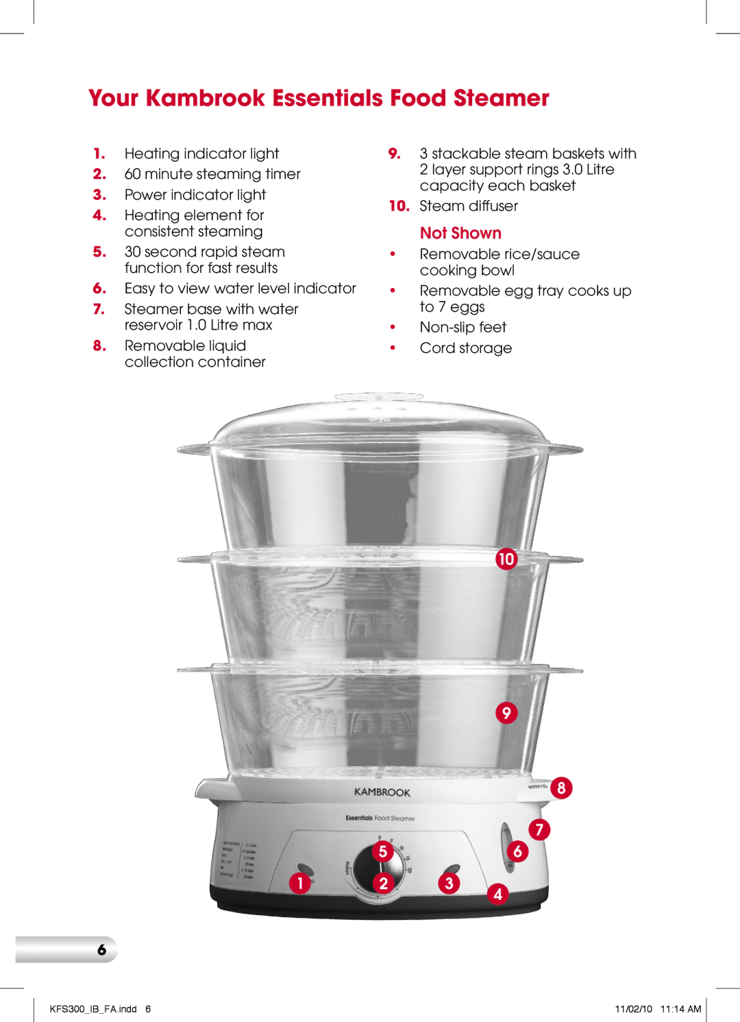 Kambrook KFS300 manual Your Kambrook Essentials Food Steamer, Not Shown 