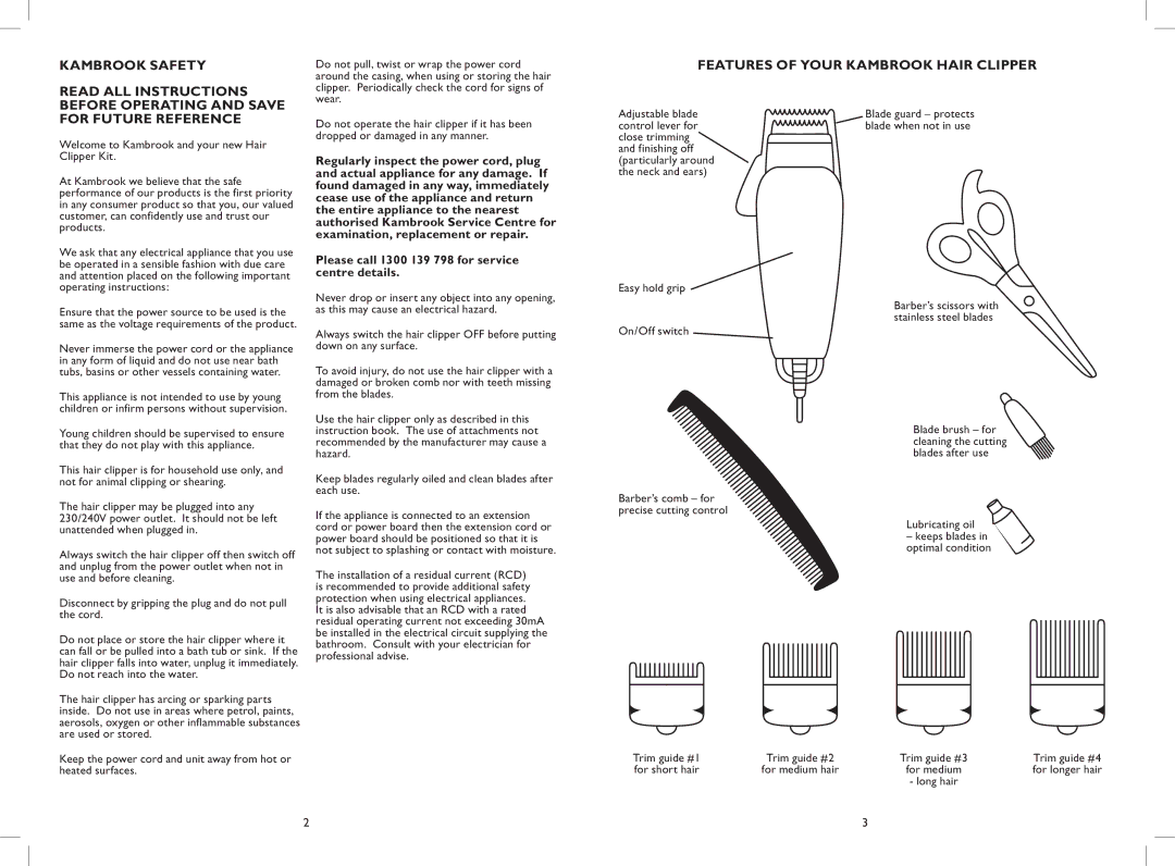 Kambrook KHC100 manual Features of Your Kambrook Hair Clipper 