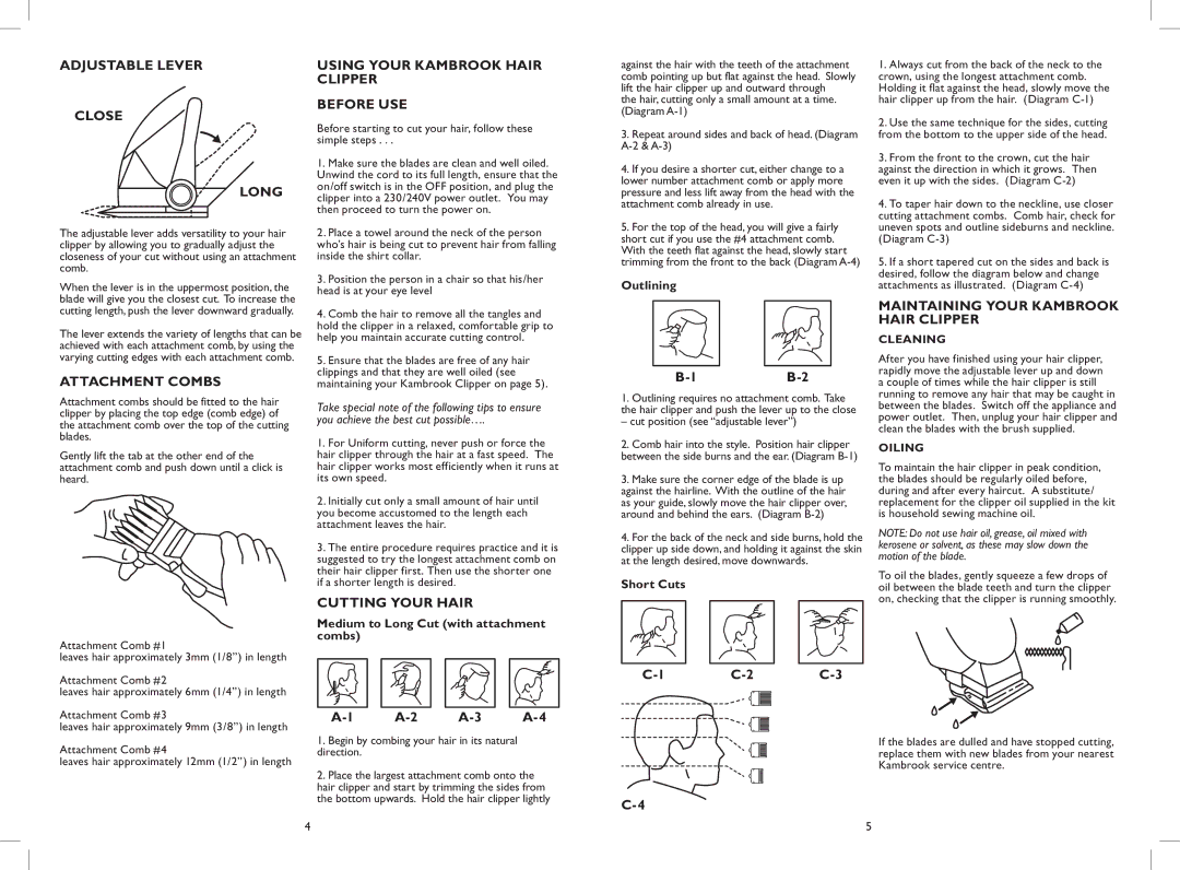 Kambrook KHC100 Adjustable Lever, Attachment Combs, Using Your Kambrook Hair Clipper Before Use, Cutting your hair, 1B-2 