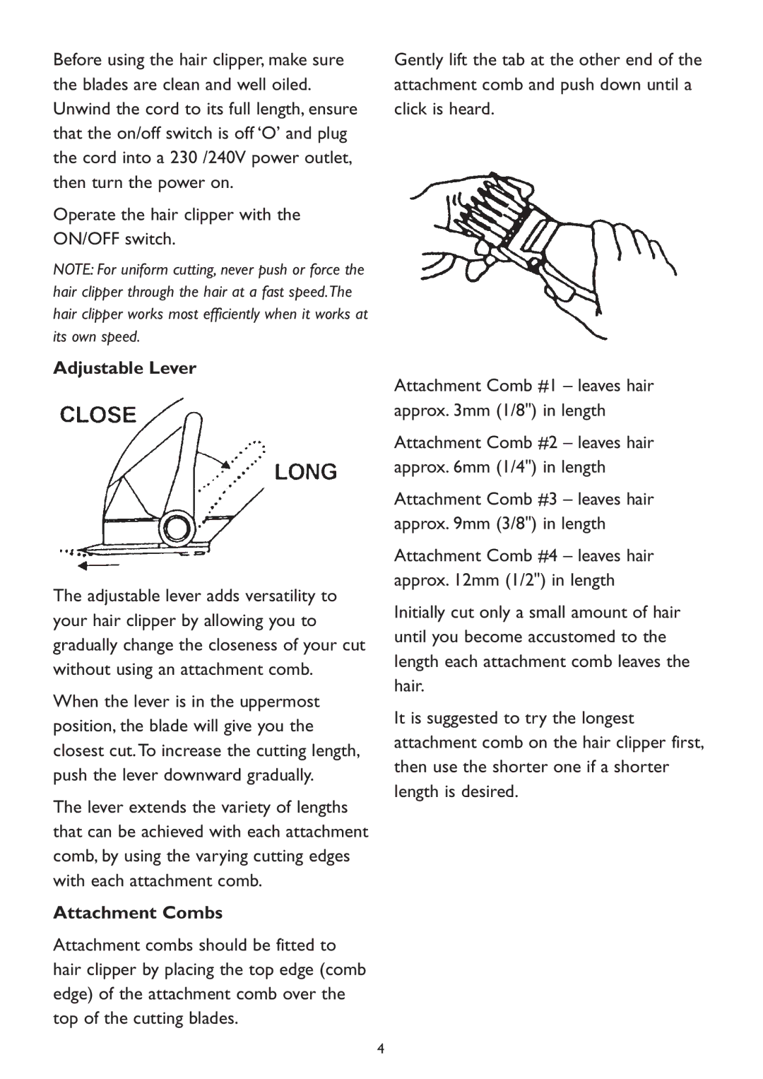 Kambrook KHC10B manual Adjustable Lever, Attachment Combs 