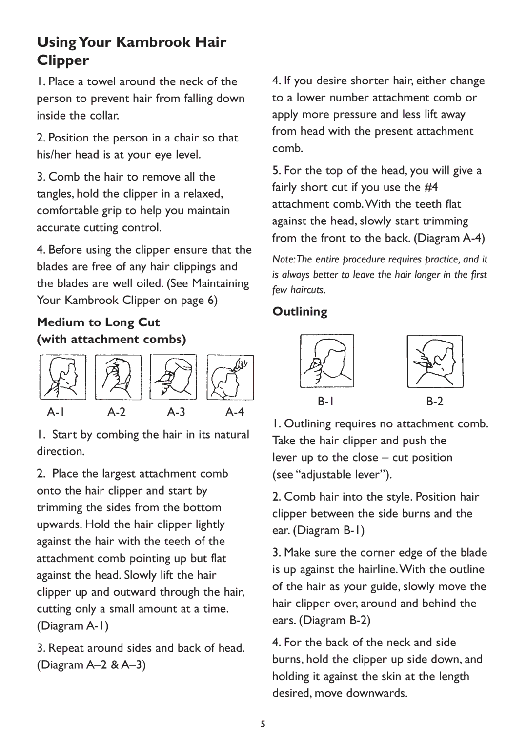 Kambrook KHC10B manual Using Your Kambrook Hair Clipper, Medium to Long Cut with attachment combs, Outlining 