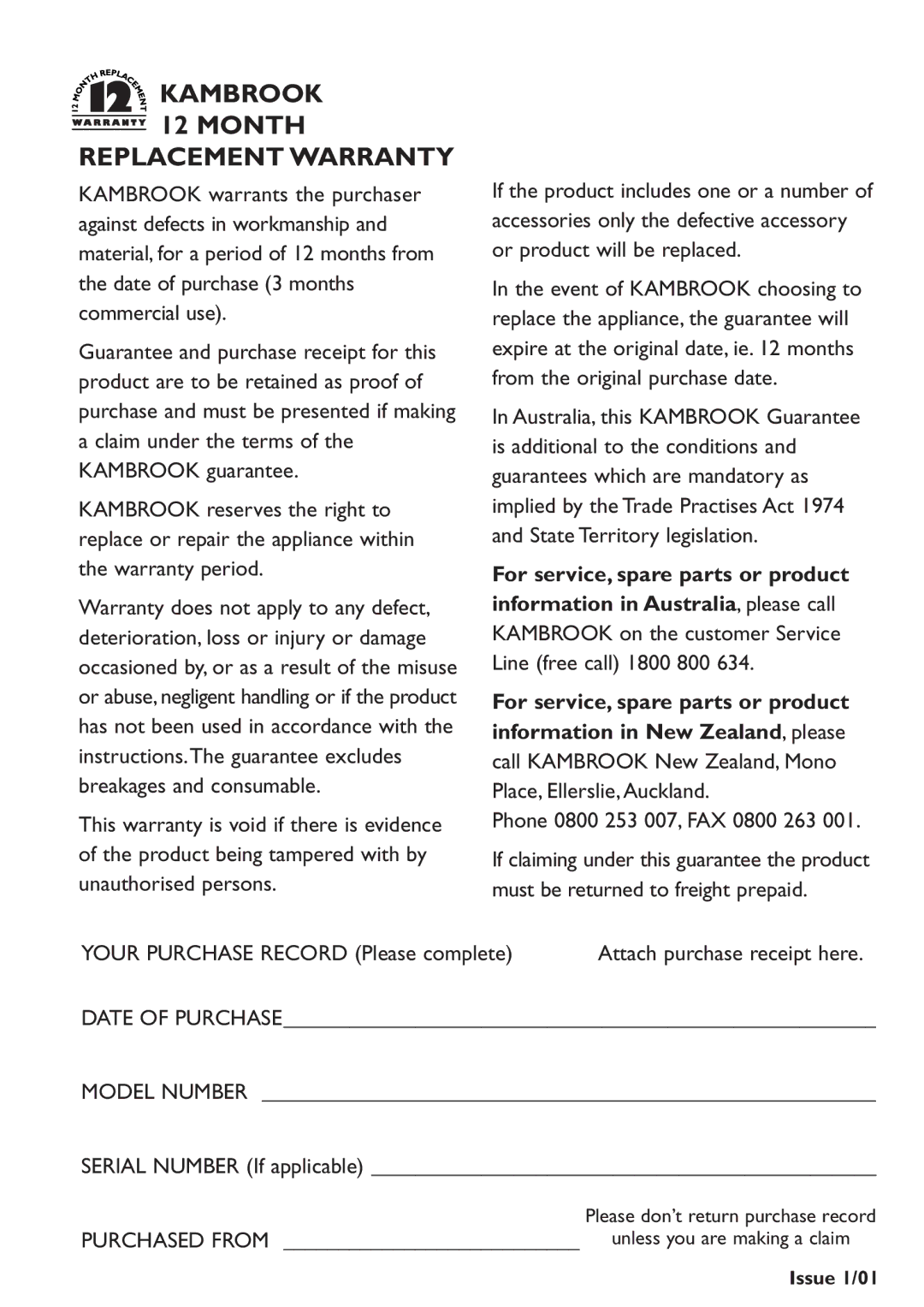 Kambrook KHC10B manual Replacement Warranty, For service, spare parts or product 