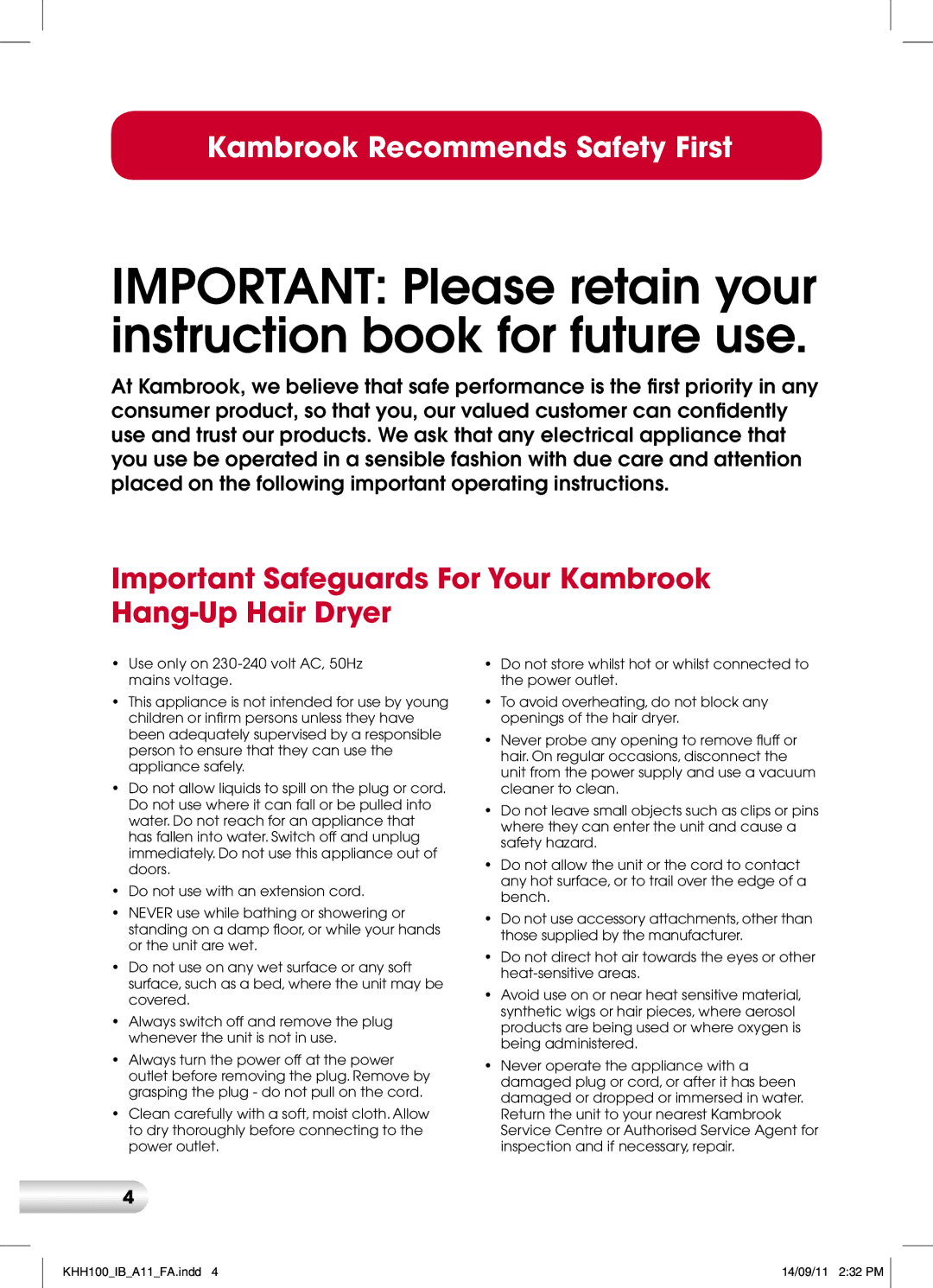 Kambrook KHH100 manual Important Safeguards For Your Kambrook Hang-Up Hair Dryer 