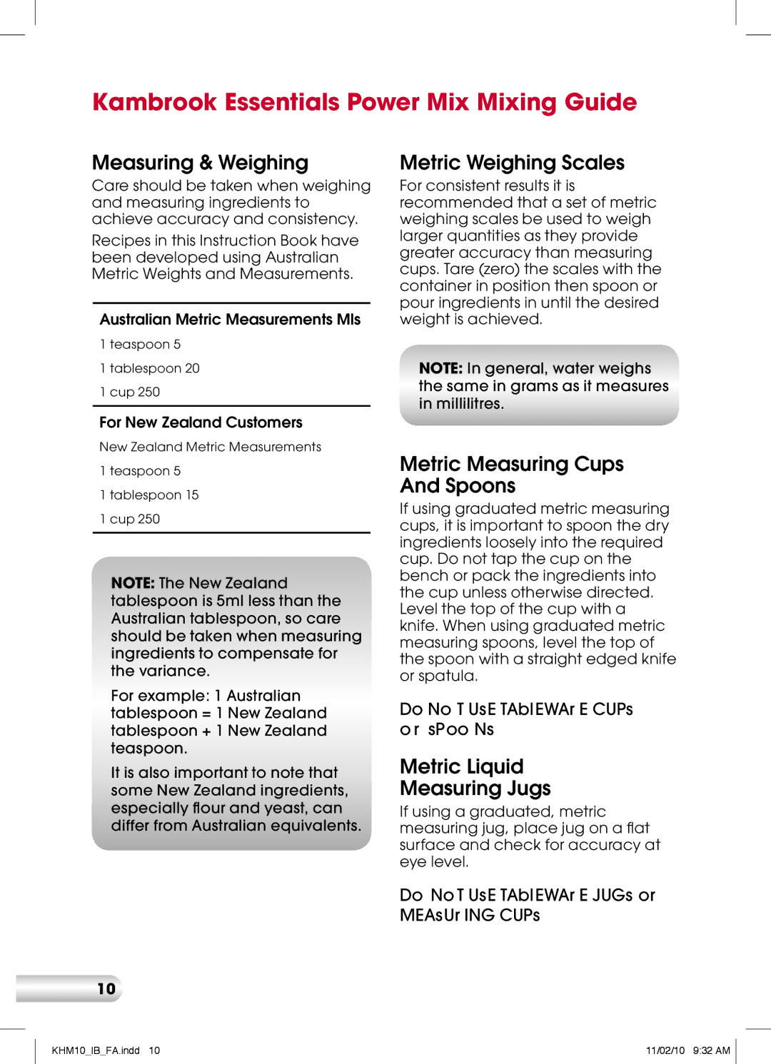 Kambrook KHM10 manual Kambrook Essentials Power Mix Mixing Guide, Measuring & Weighing, Metric Weighing Scales 