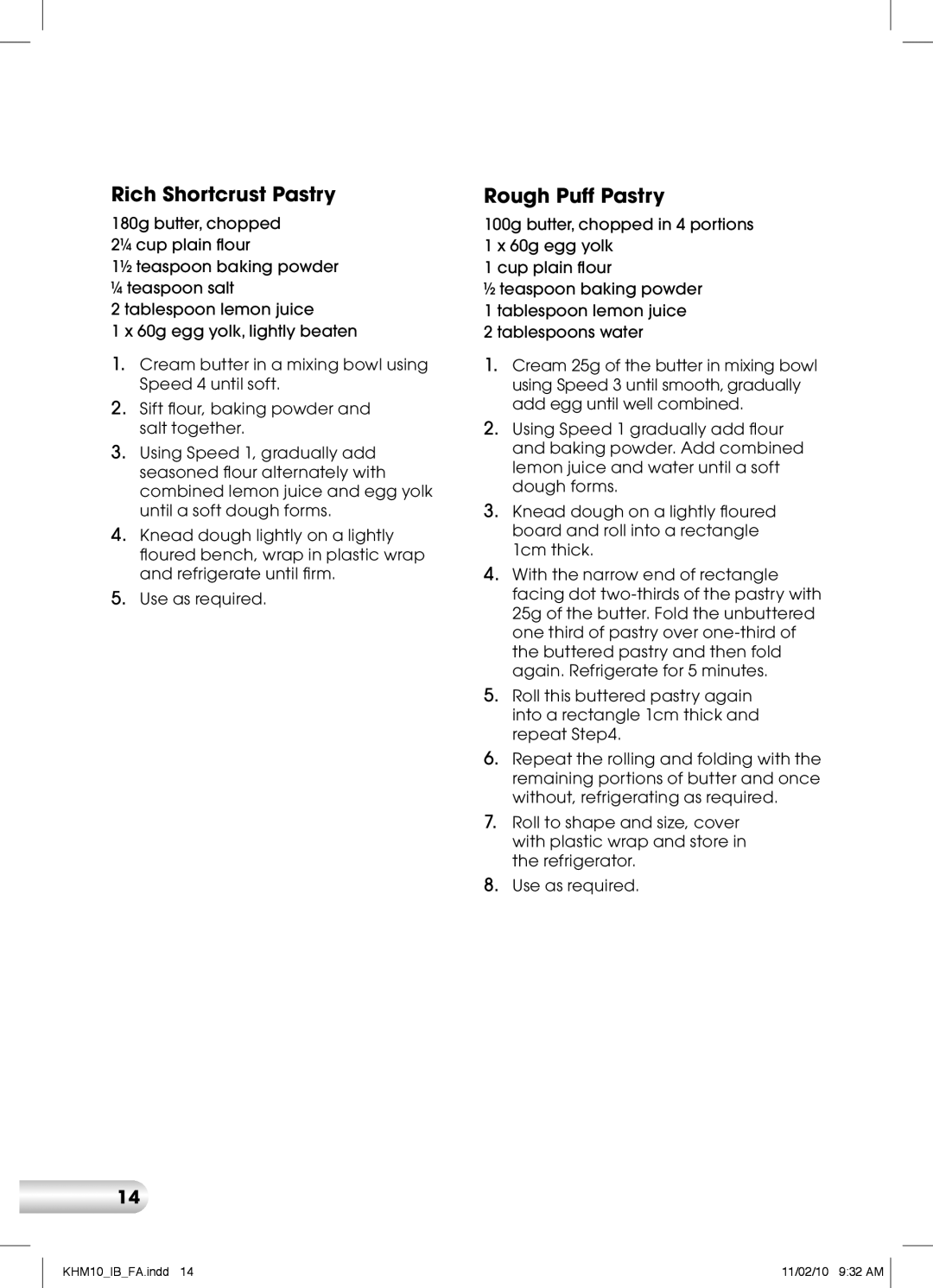 Kambrook KHM10 manual Rich Shortcrust Pastry, Rough Puff Pastry 