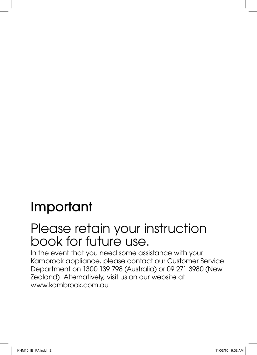 Kambrook KHM10 manual Please retain your instruction book for future use 