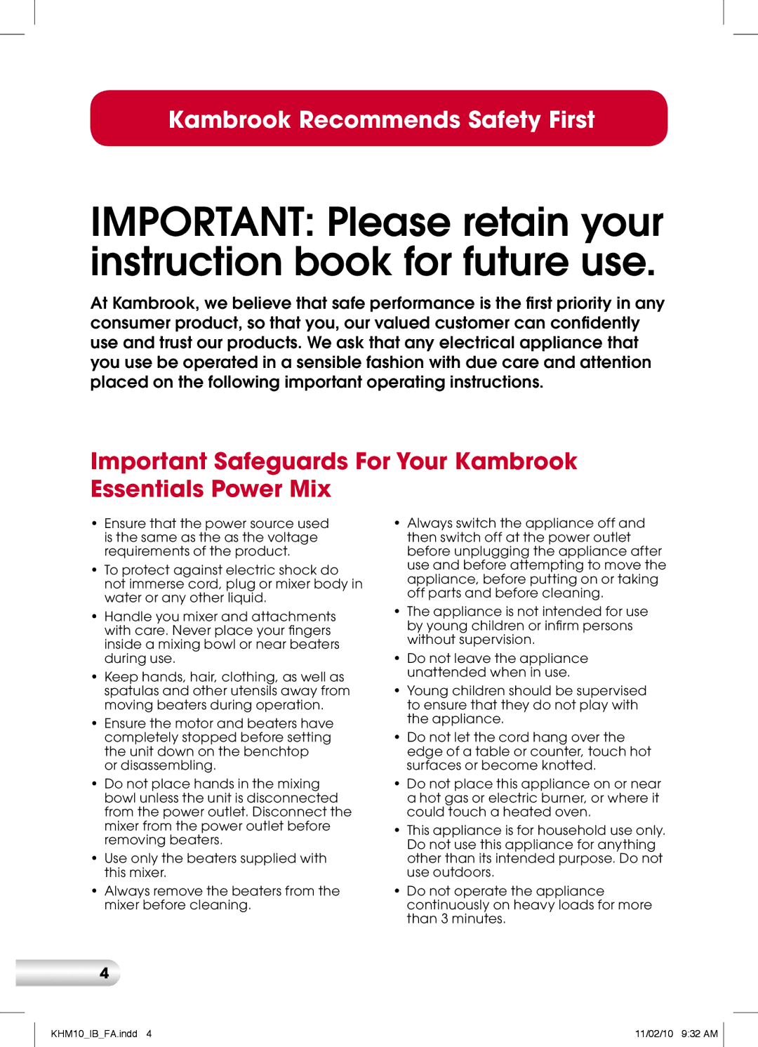 Kambrook KHM10 manual Important Safeguards For Your Kambrook Essentials Power Mix, Or disassembling 