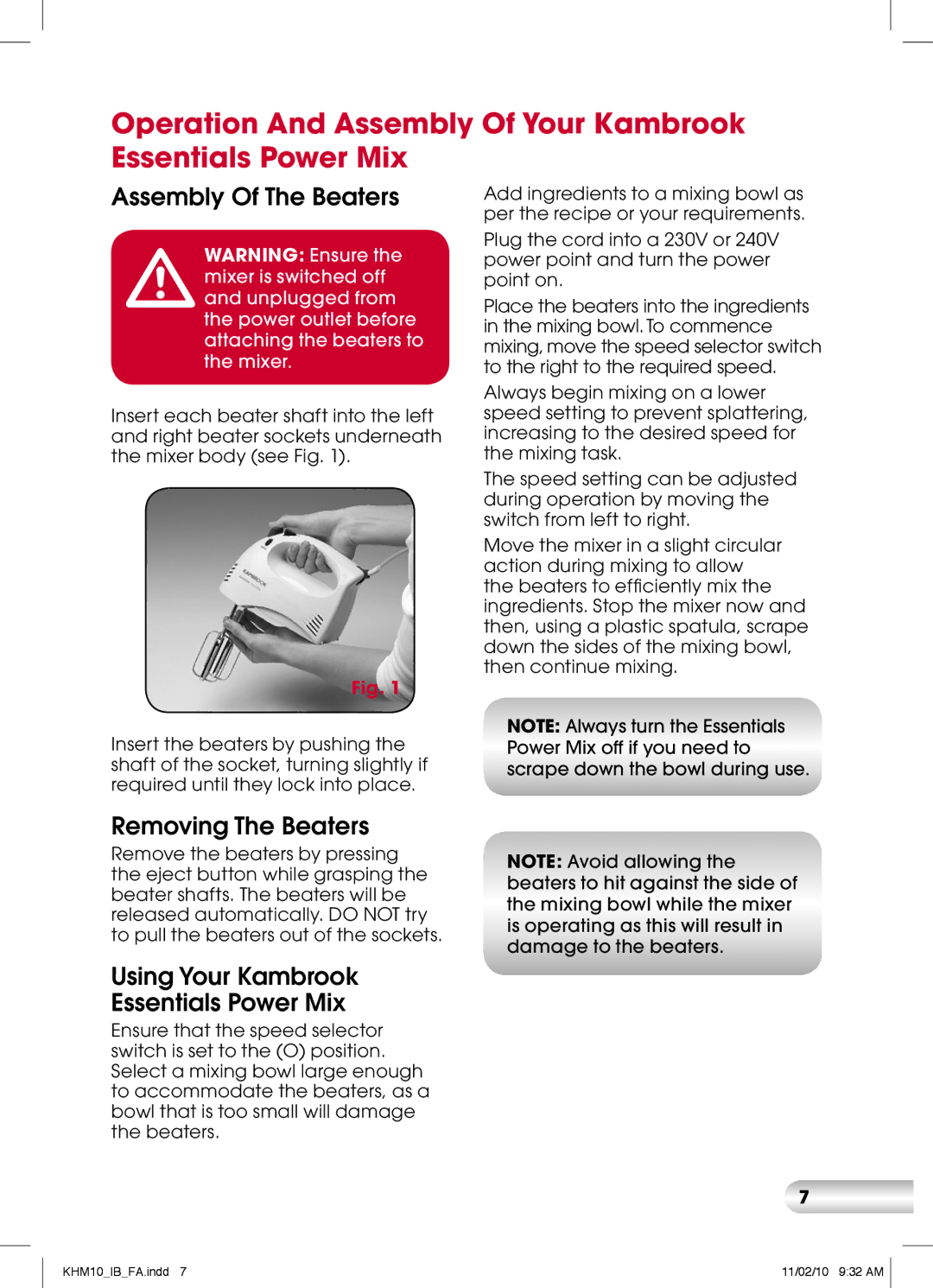 Kambrook KHM10 manual Assembly Of The Beaters, Removing The Beaters, Using Your Kambrook Essentials Power Mix 