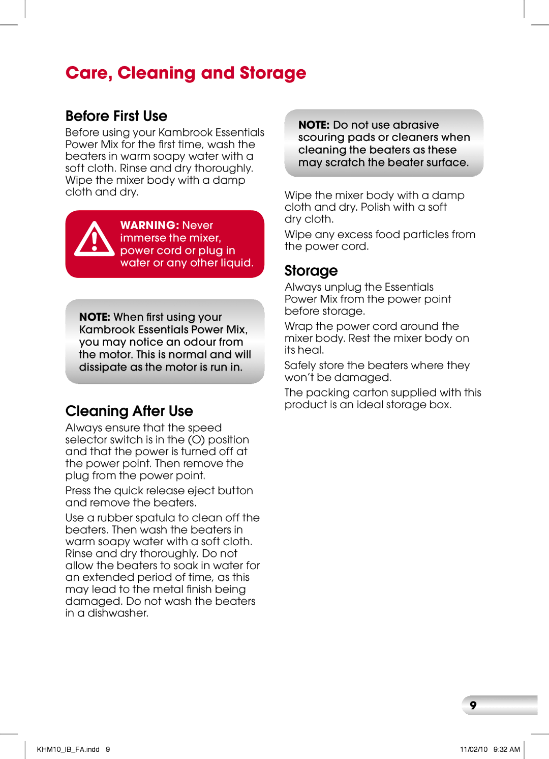 Kambrook KHM10 manual Care, Cleaning and Storage, Before First Use, Cleaning After Use, Always ensure that the speeed 
