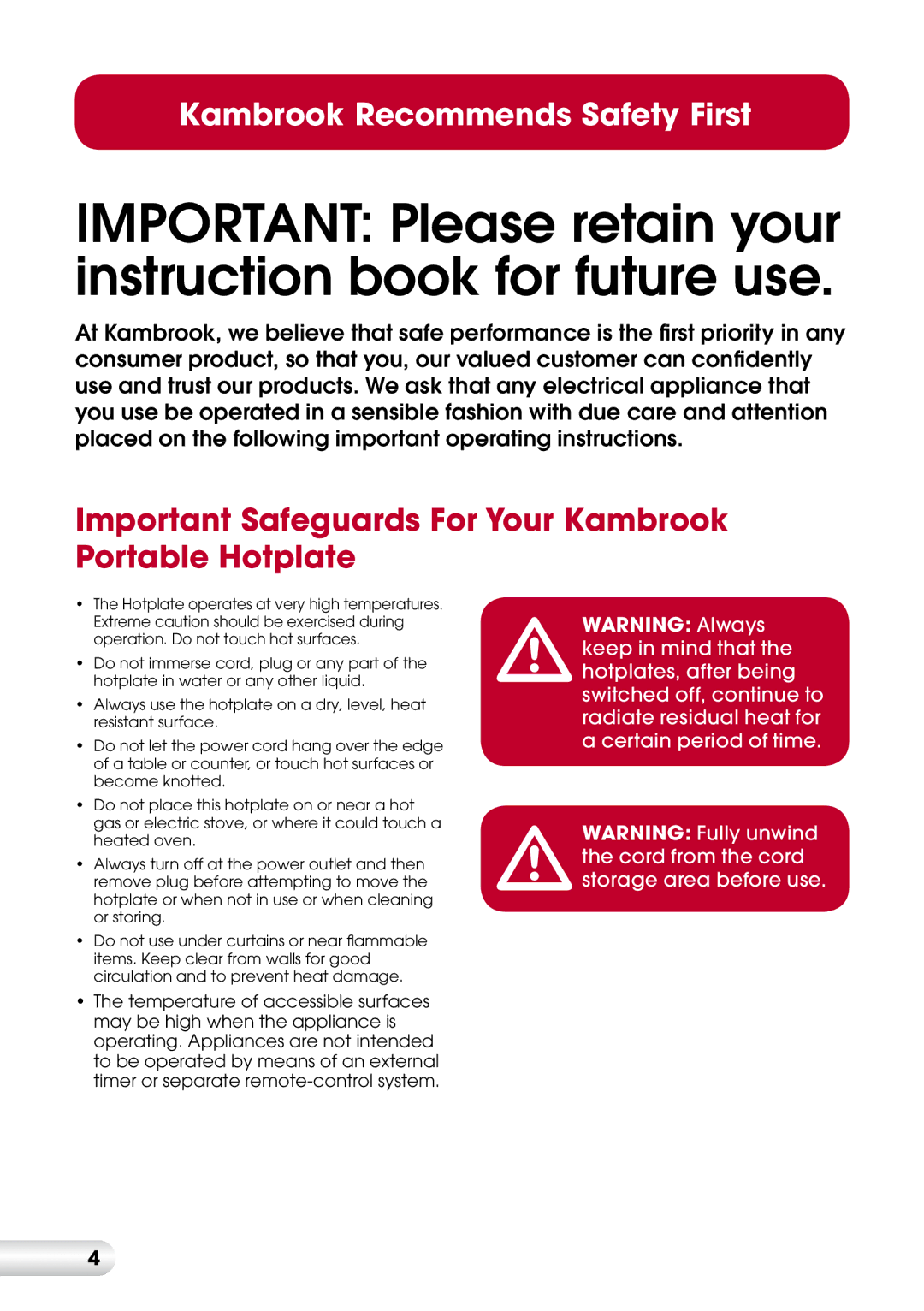 Kambrook KHP1 manual Important Safeguards For Your Kambrook Portable Hotplate 