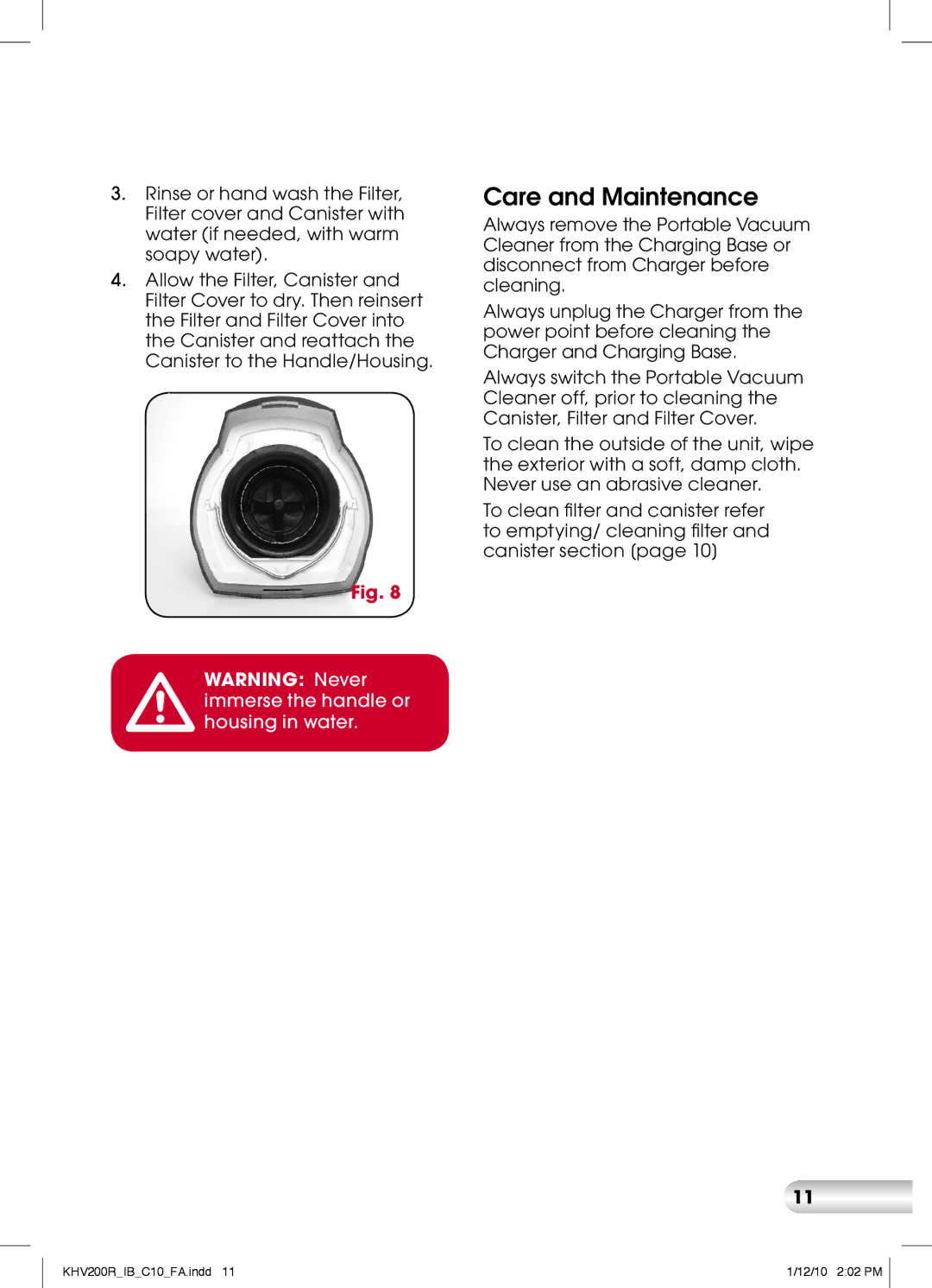 Kambrook KHV200 manual Care and Maintenance 