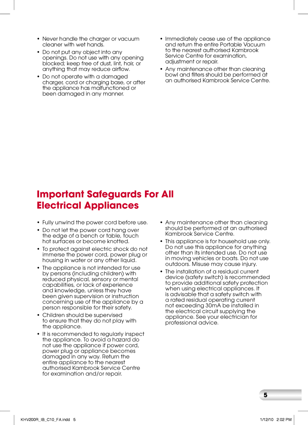 Kambrook KHV200 manual Important Safeguards For All Electrical Appliances 