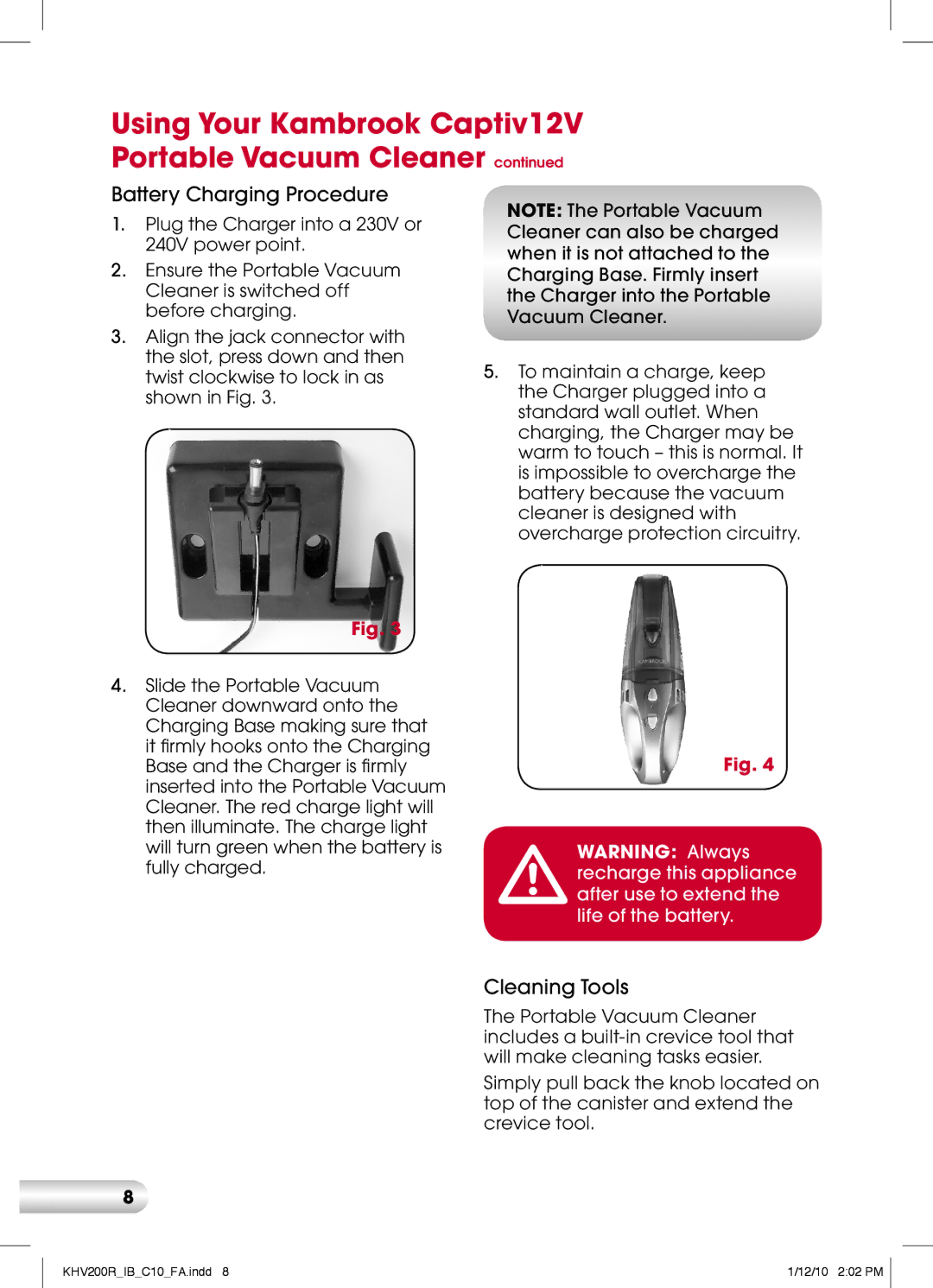 Kambrook KHV200 manual Battery Charging Procedure, Cleaning Tools 