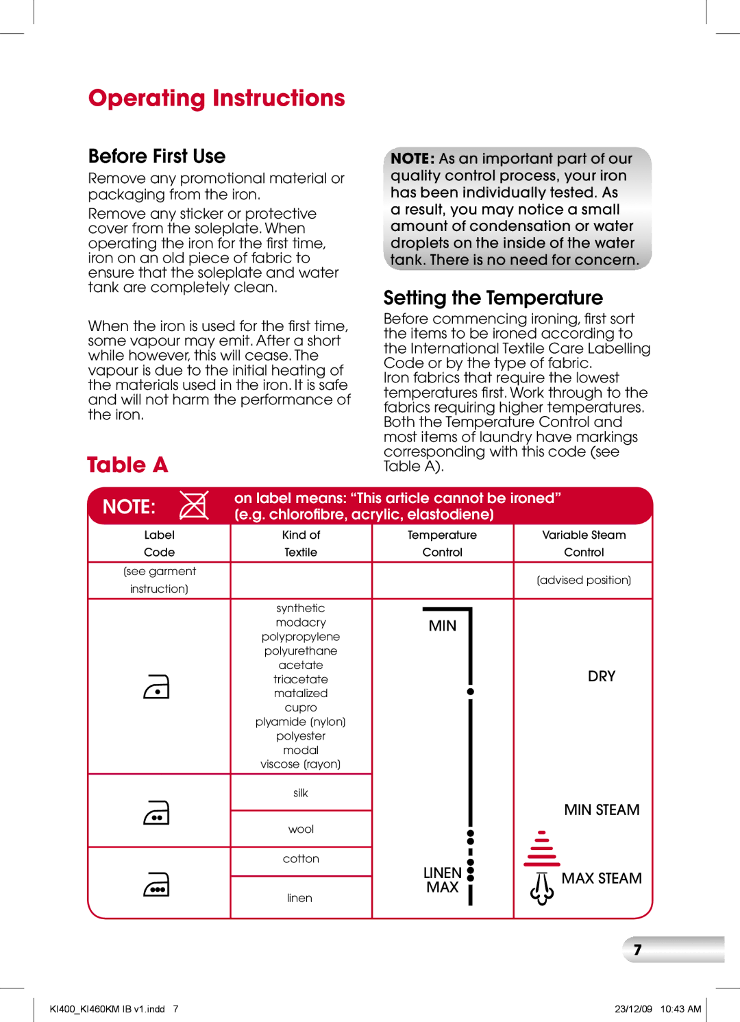 Kambrook KI400, KI460KM manual Operating Instructions, Before First Use, Setting the Temperature 