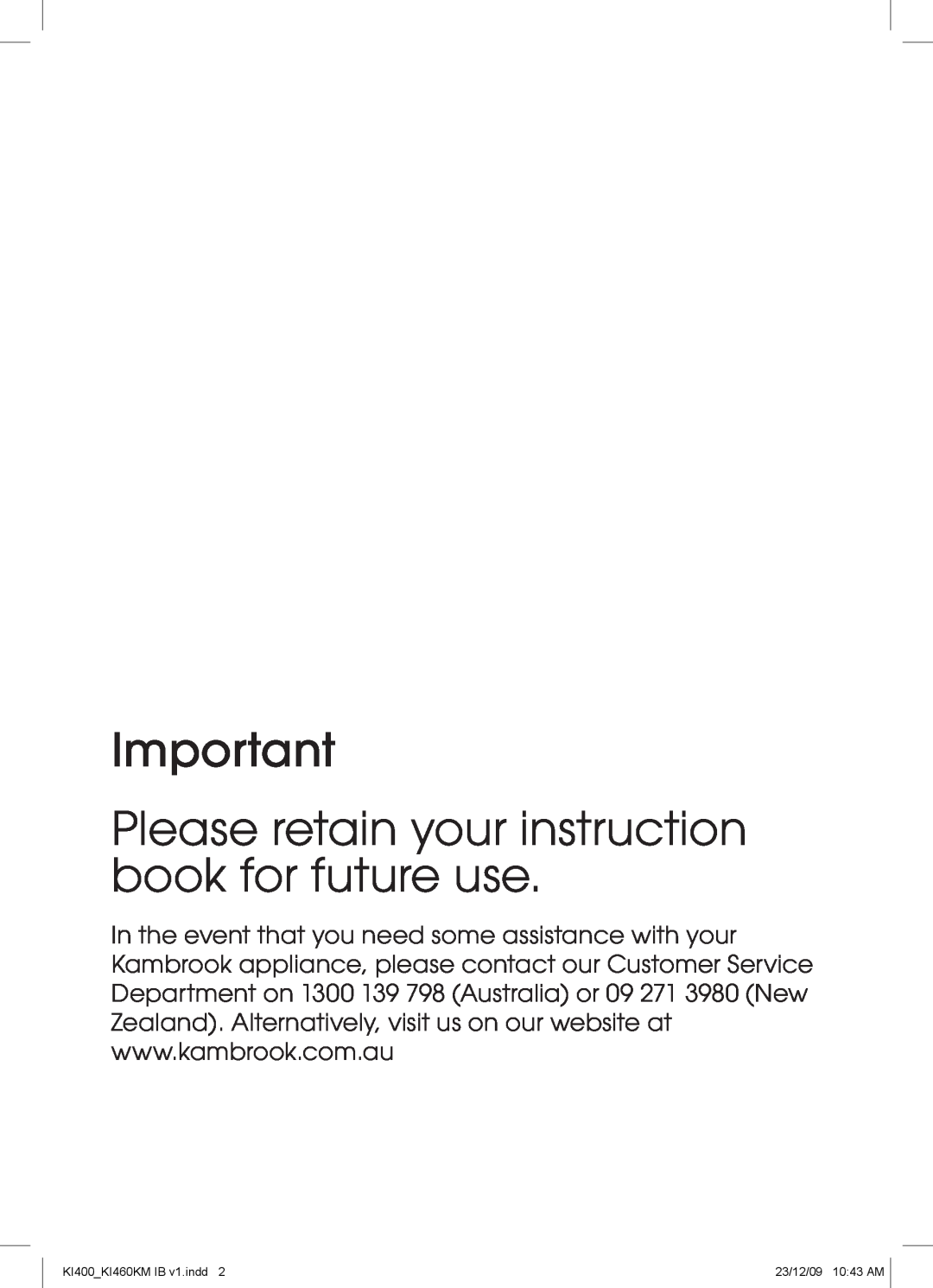 Kambrook manual Please retain your instruction book for future use, KI400KI460KM IB v1.indd, 23/12/09 1043 AM 