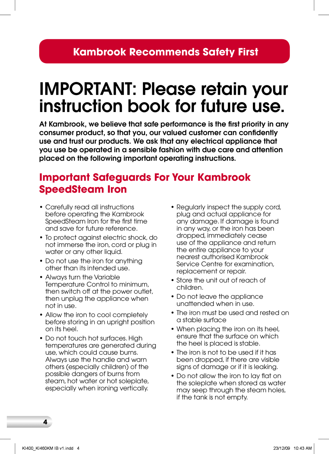 Kambrook KI460KM, KI400 manual Important Safeguards For Your Kambrook SpeedSteam Iron, Kambrook Recommends Safety First 