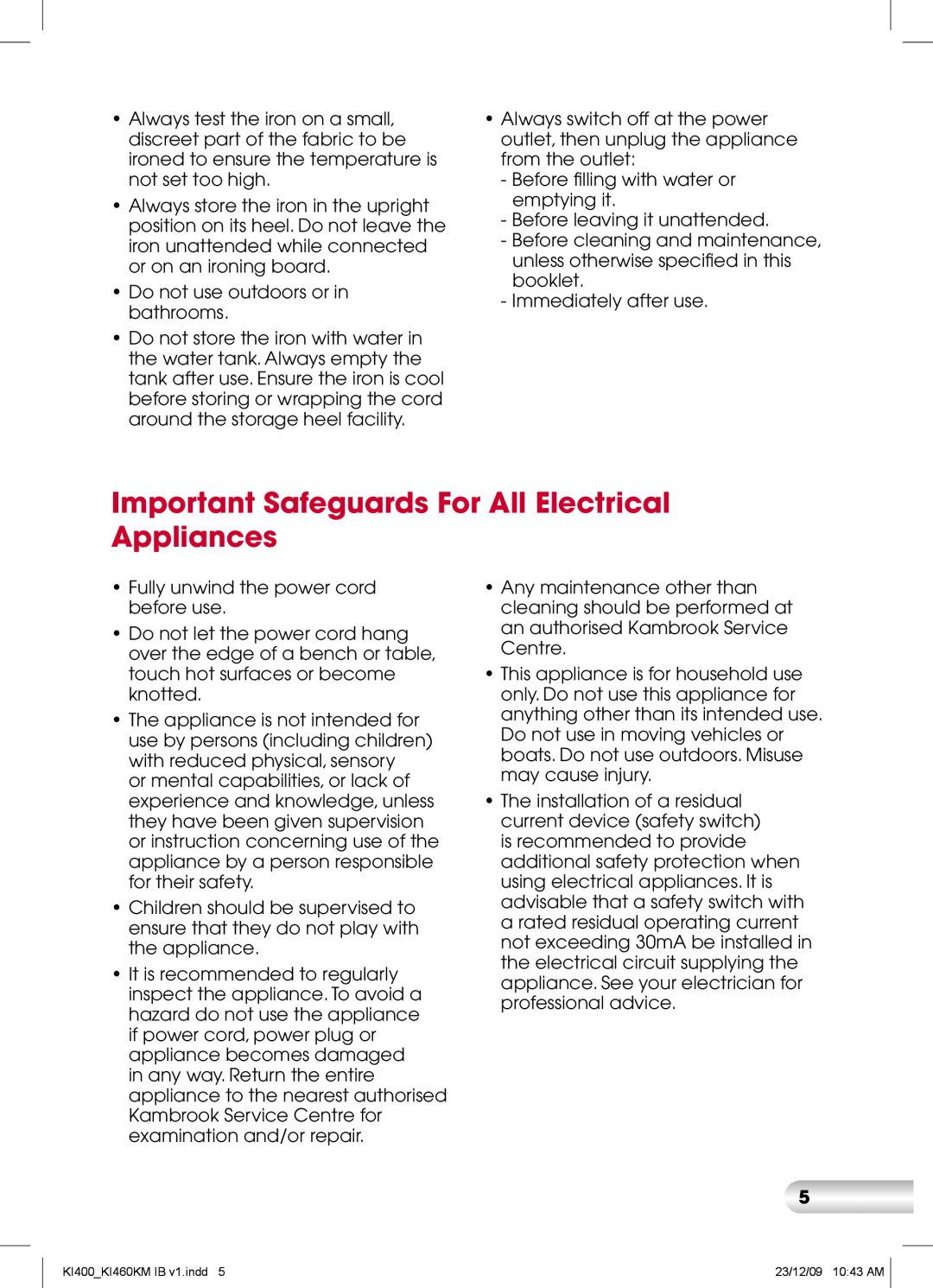 Kambrook KI400, KI460KM manual Important Safeguards For All Electrical Appliances 