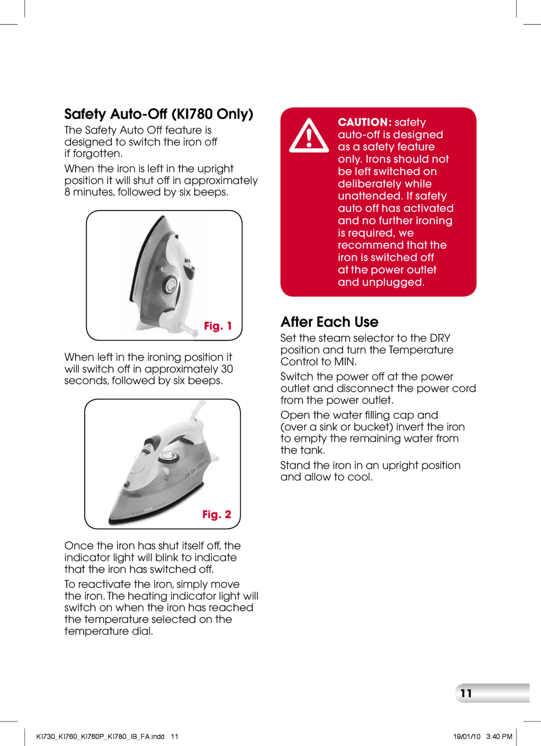 Kambrook KI730, KI760P manual Safety Auto-Off KI780 Only, After Each Use 