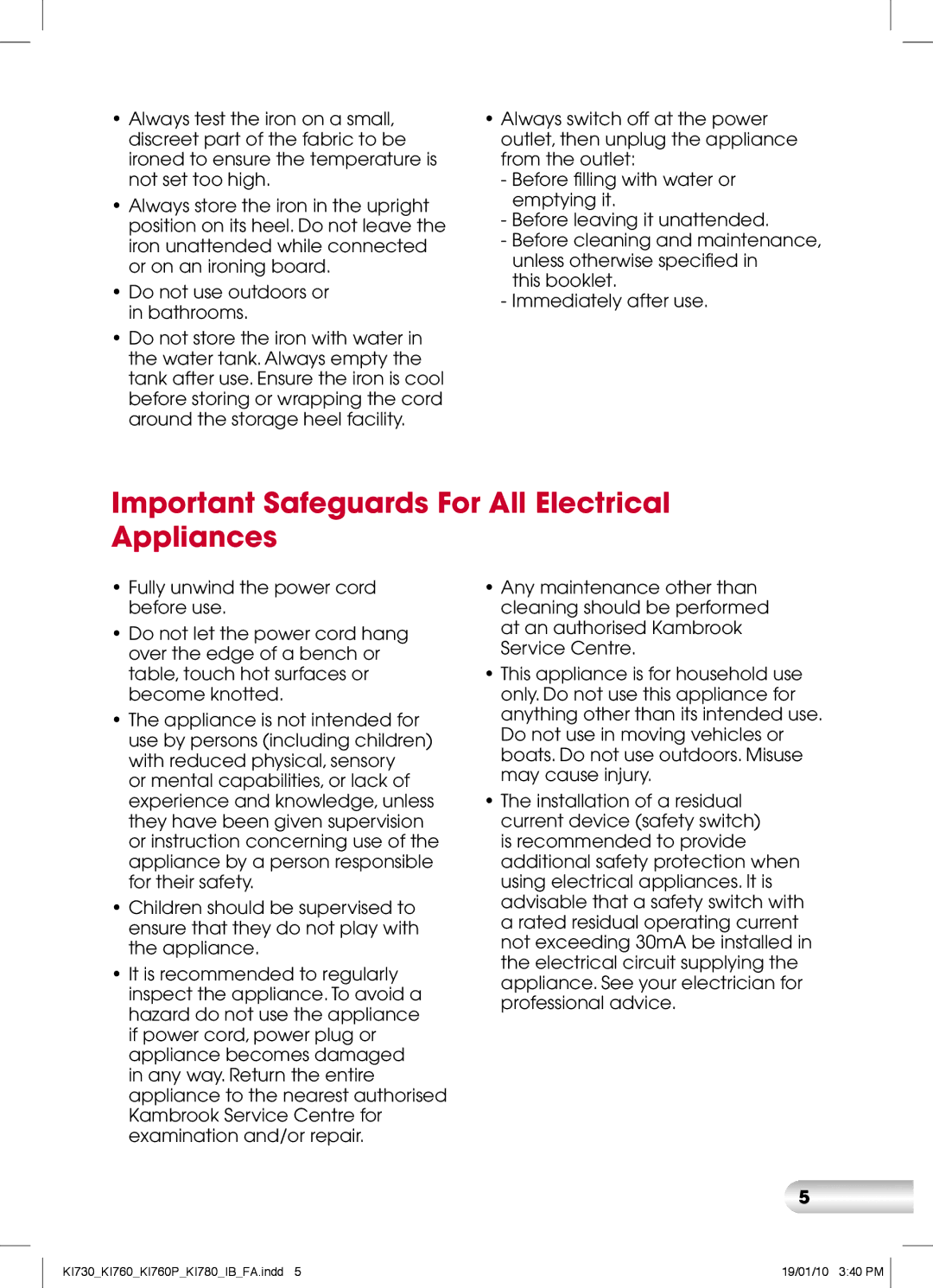 Kambrook KI780, KI760P, KI730 manual Important Safeguards For All Electrical Appliances 