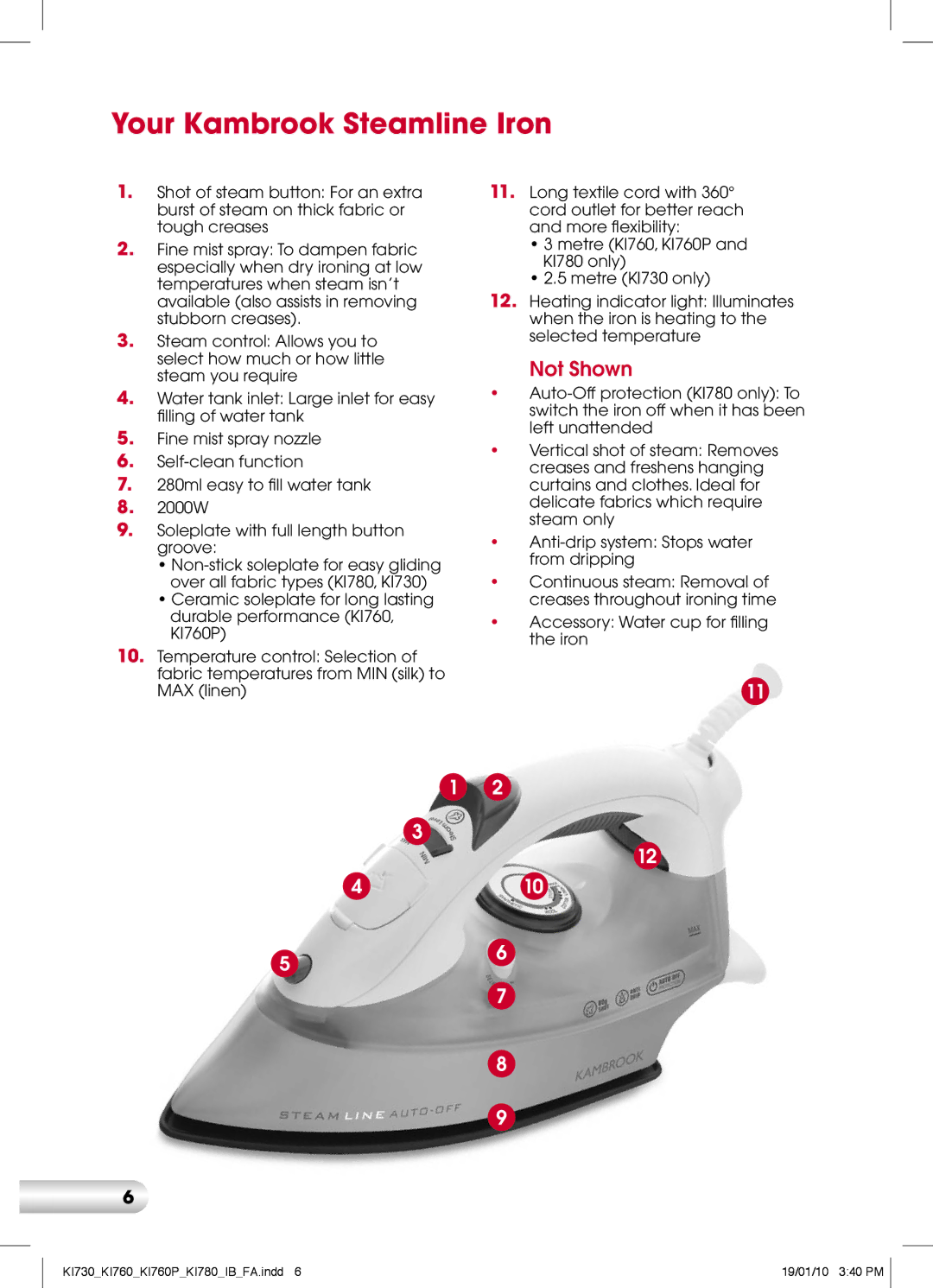 Kambrook KI760P, KI780, KI730 manual Your Kambrook Steamline Iron, Not Shown 