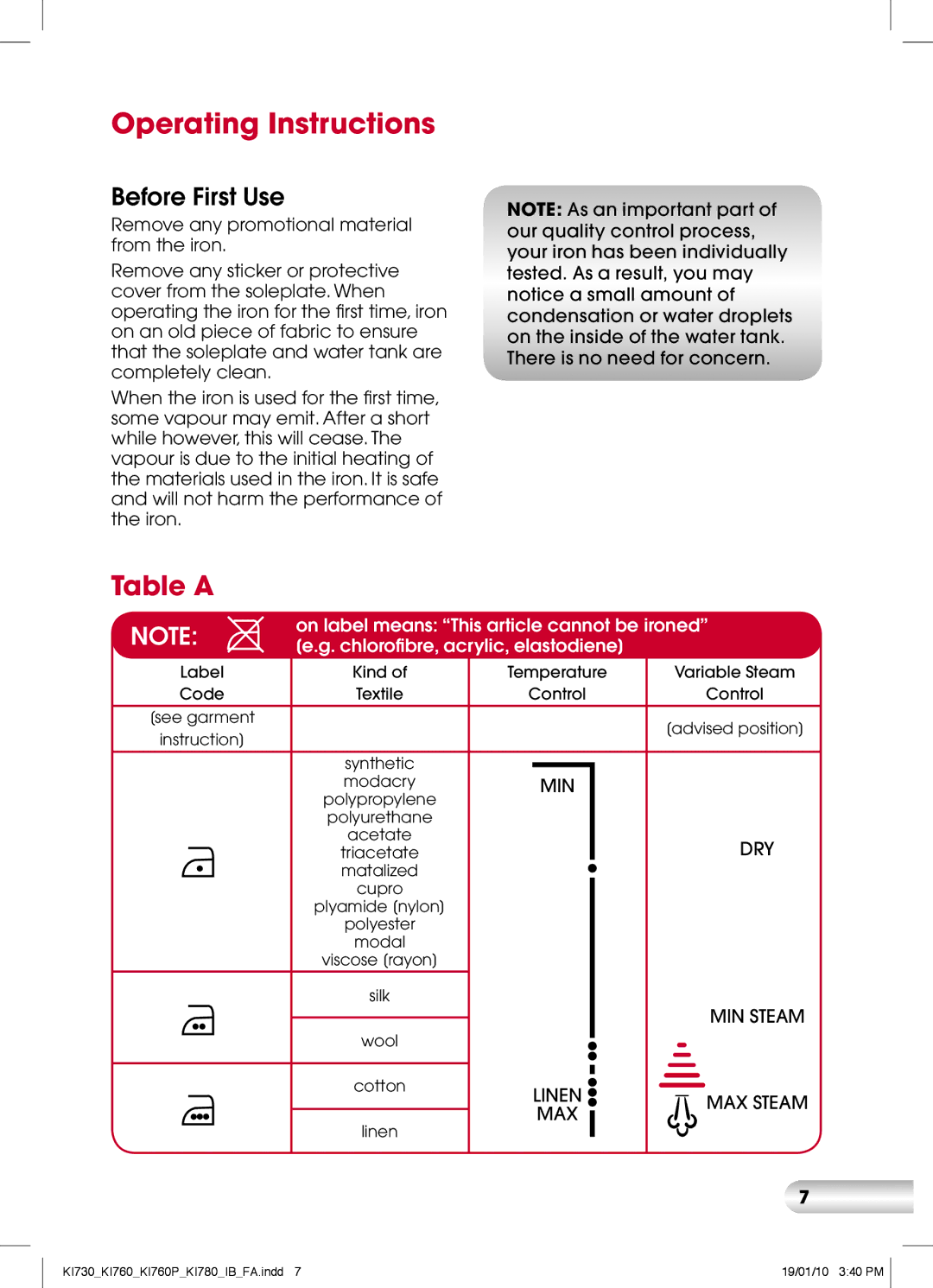 Kambrook KI730, KI760P, KI780 manual Operating Instructions, Before First Use 