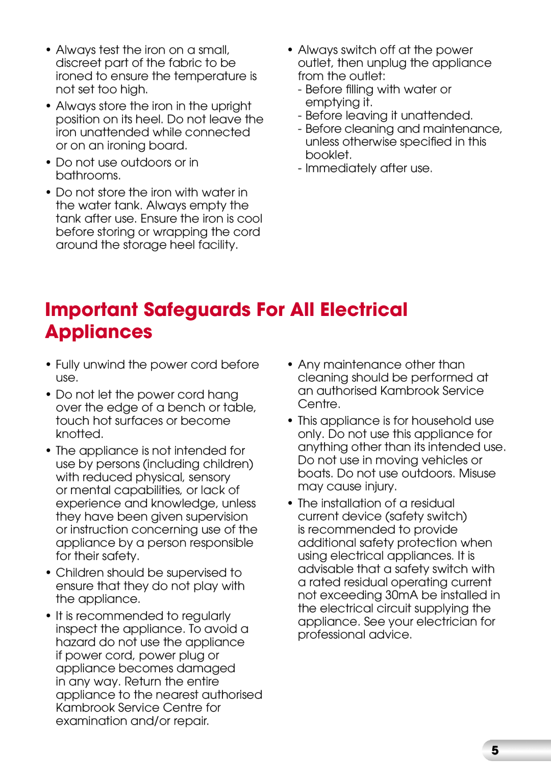 Kambrook KI820 manual Important Safeguards For All Electrical Appliances 