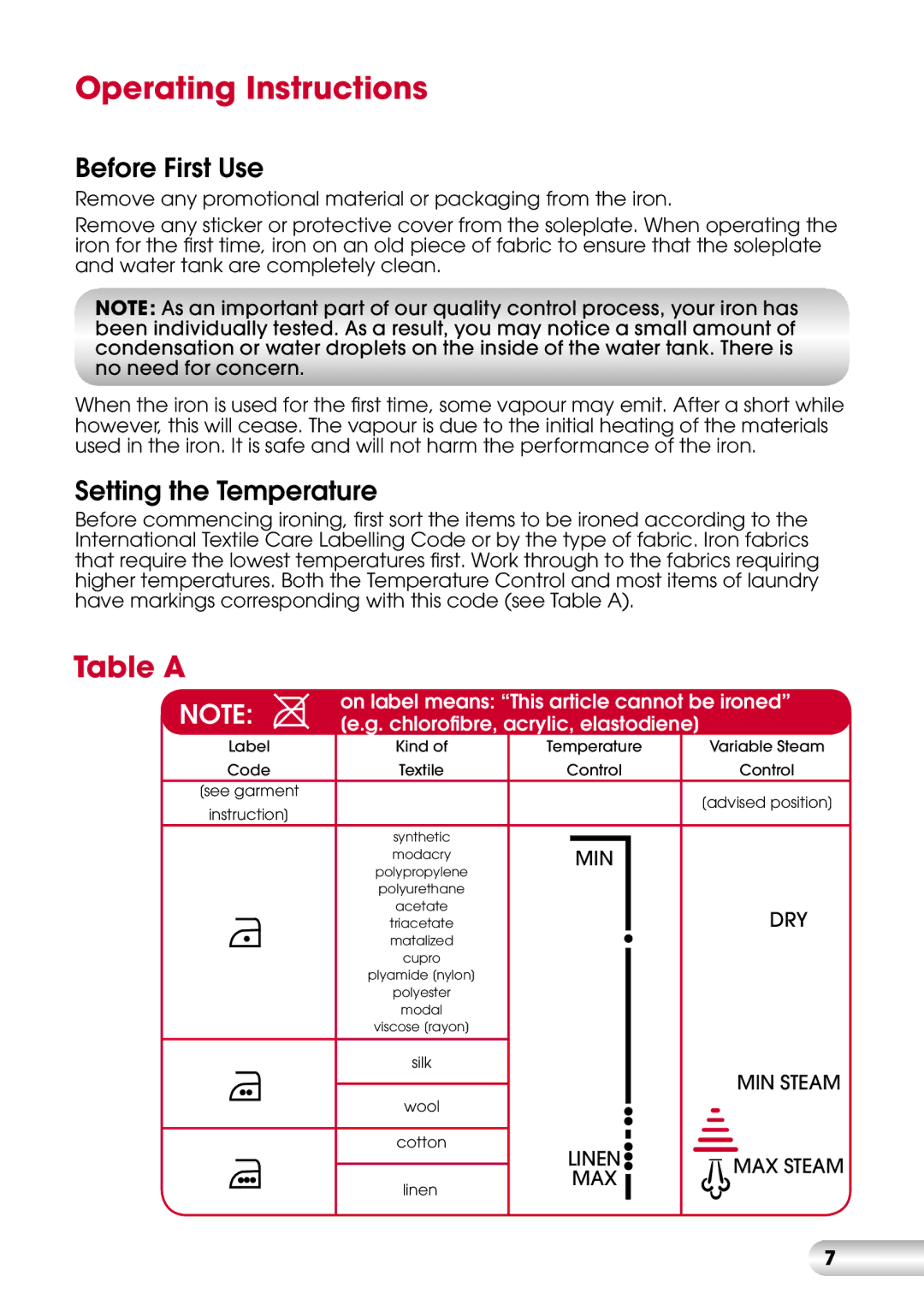 Kambrook KI820 manual Operating Instructions, Before First Use, Setting the Temperature 