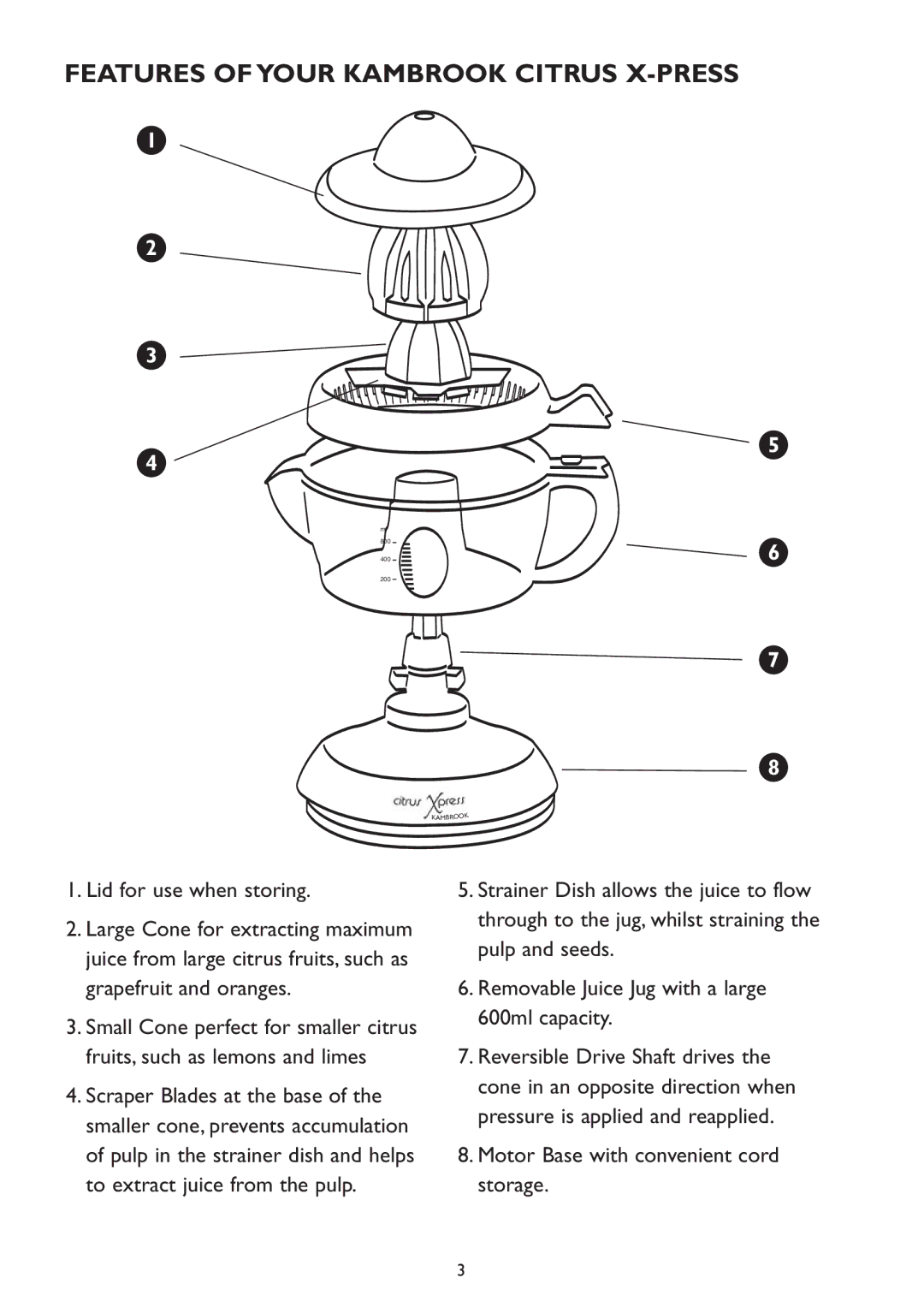 Kambrook KJ12 manual Features of Your Kambrook Citrus X-PRESS, Lid for use when storing 