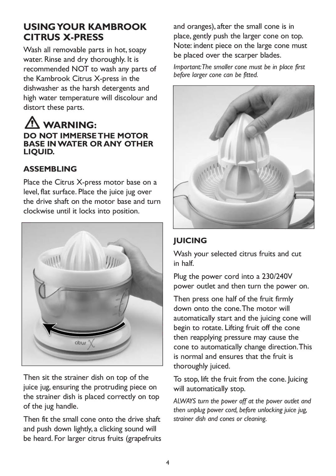 Kambrook KJ12 manual Usingyour Kambrook Citrus X-PRESS, Juicing 