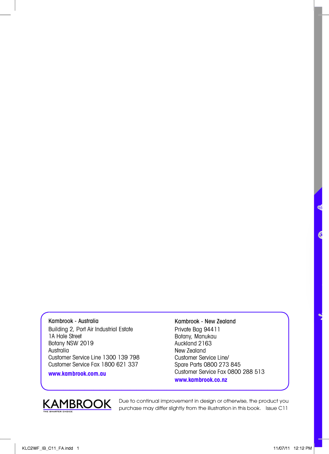 Kambrook KLC2WF manual Customer Service Fax 0800 288 