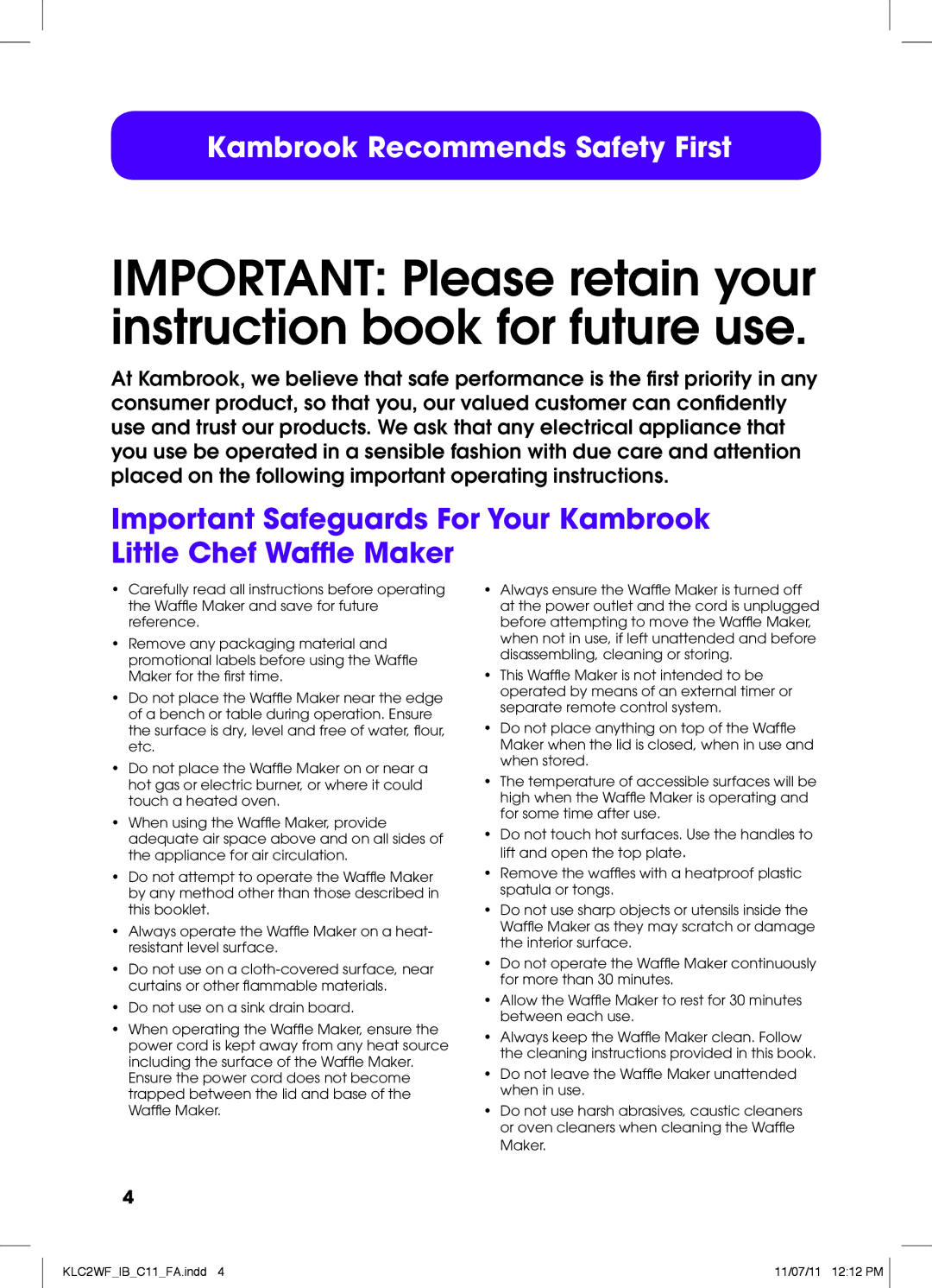 Kambrook KLC2WF manual Important Please retain your instruction book for future use 