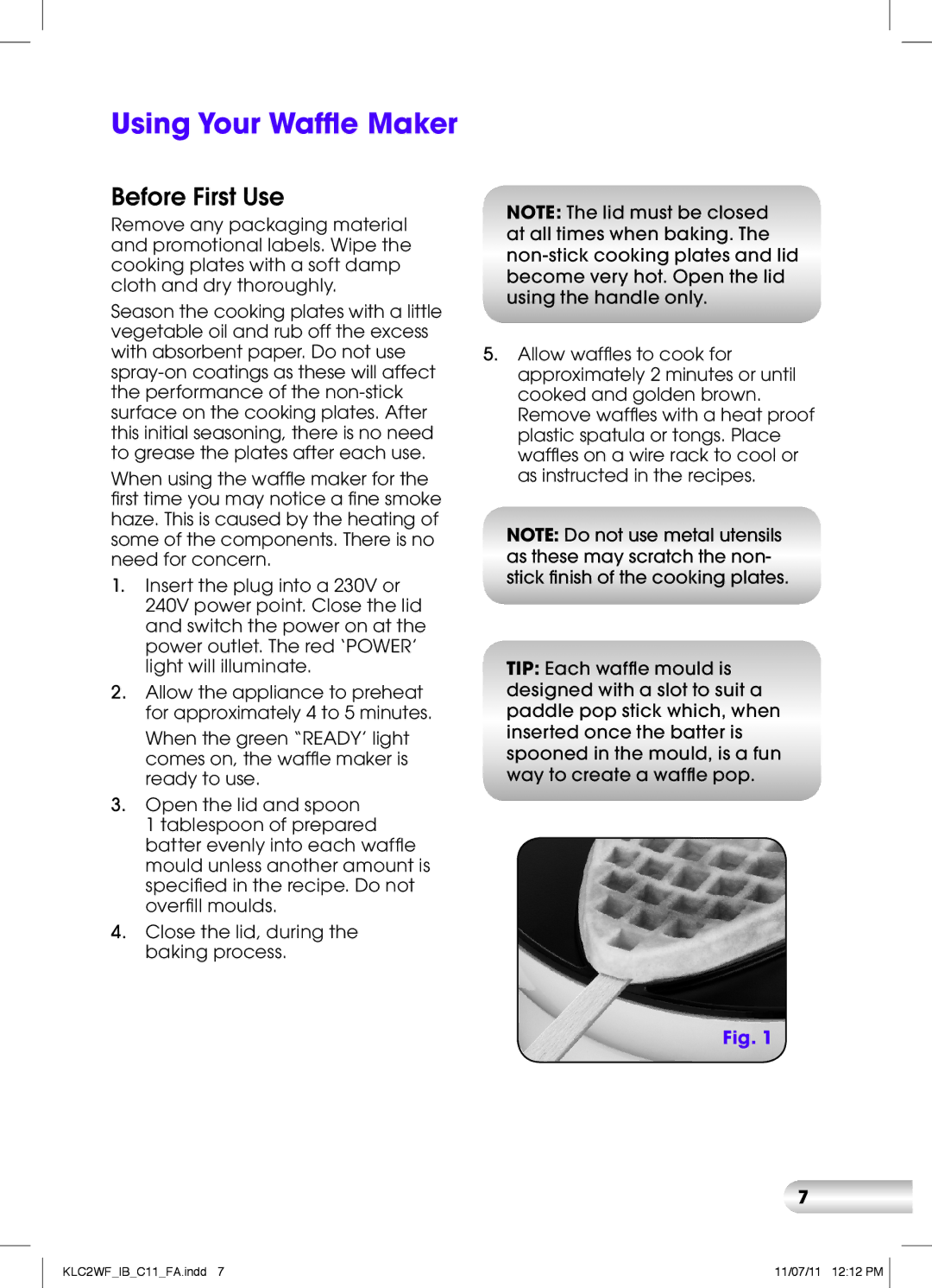 Kambrook KLC2WF manual Using Your Waffle Maker, Before First Use 