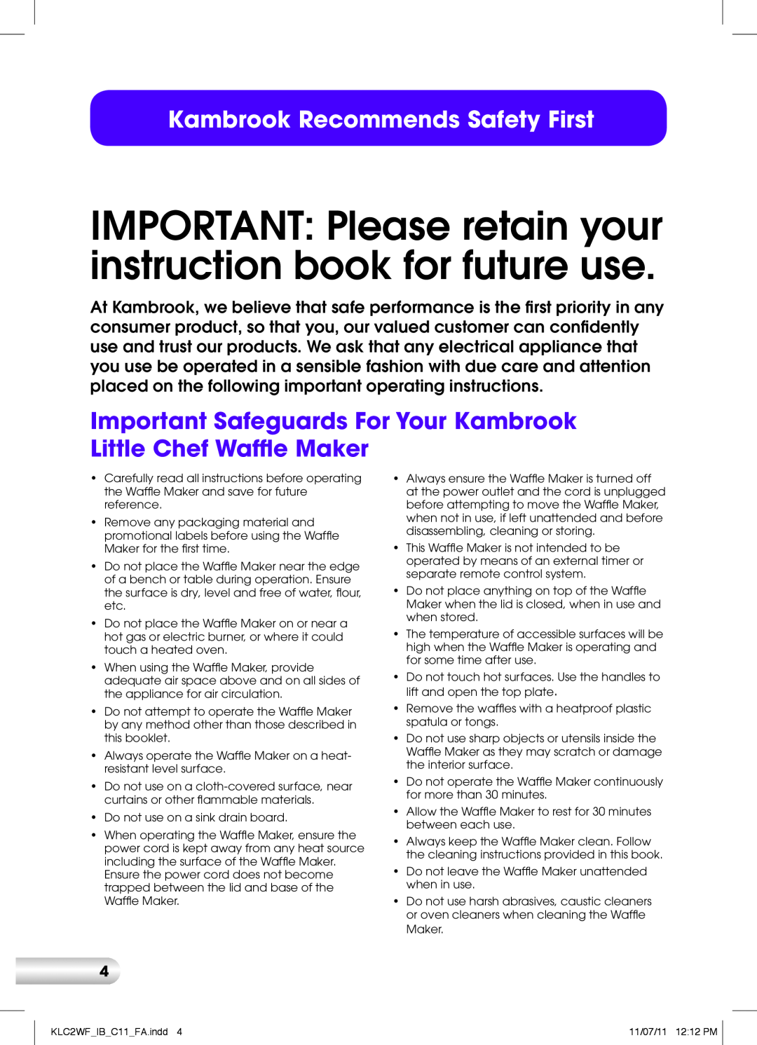 Kambrook KLC2WF manual Kambrook Recommends Safety First 