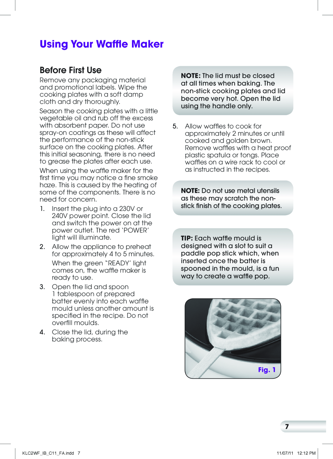Kambrook KLC2WF manual Using Your Waffle Maker, Before First Use 